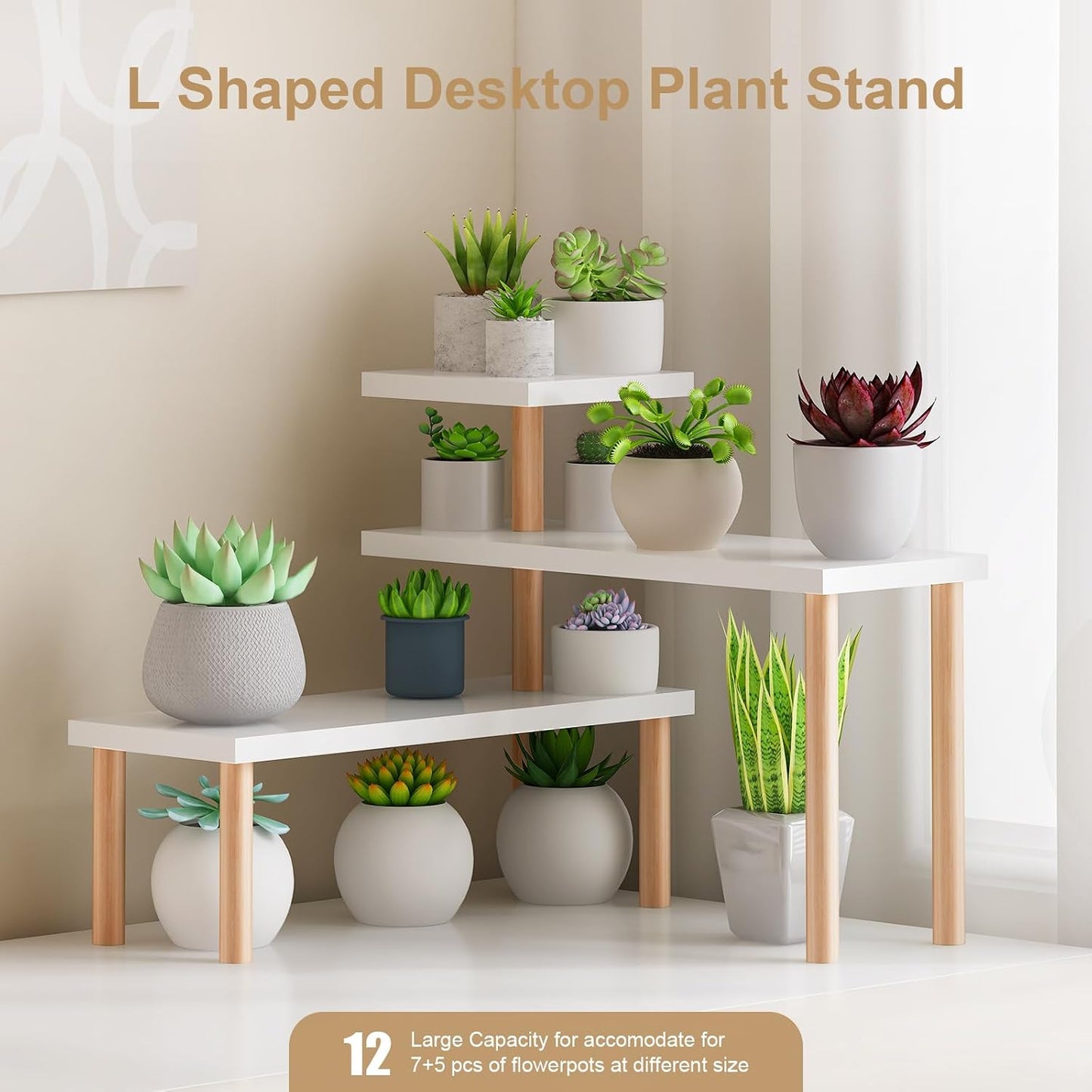 Small Plant Stand Shelf ,3 Tiers Wood Long Desktop Flower Pot Holder | Plant Shel for Window Sill,Table ,Countertop