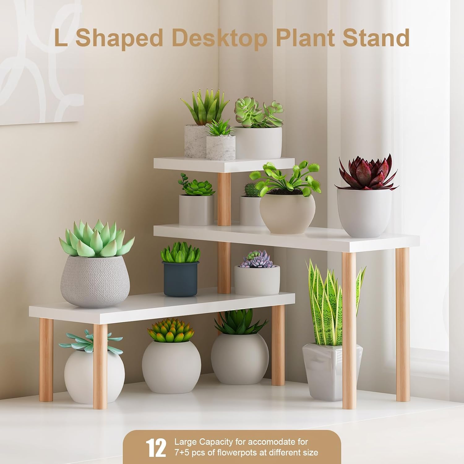 Small Plant Stand Shelf ,3 Tiers Wood Long Desktop Flower Pot Holder | Plant Shel for Window Sill,Table ,Countertop