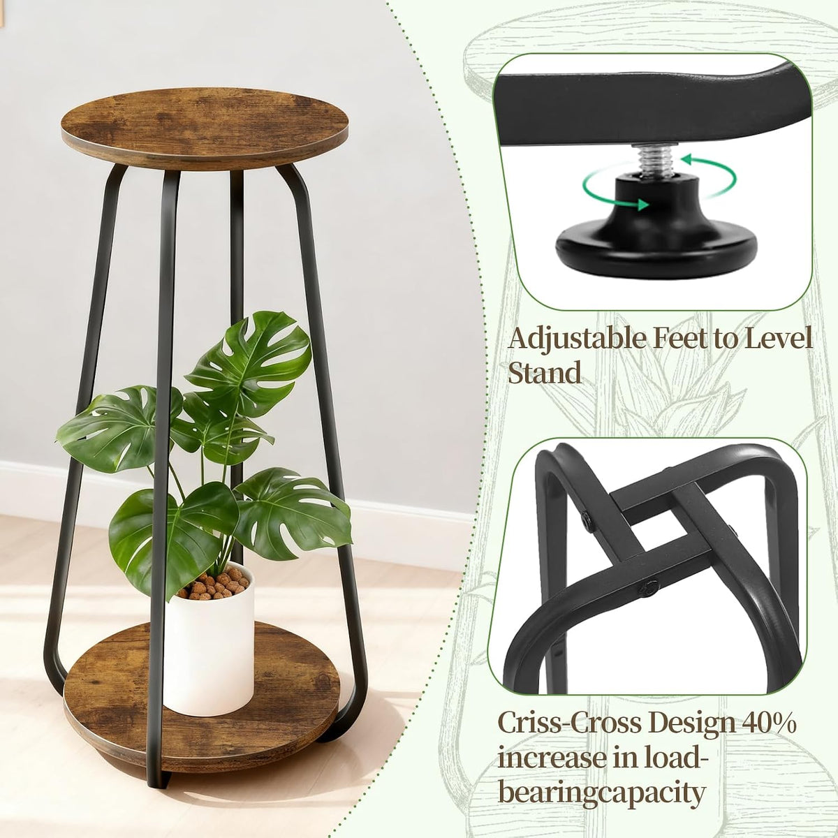 Plant Stand Indoor, 2 Tier Metal Wood Plant Shelf for Living Room, 2 Pack | Round Plant Pedestal Stands Saves Space