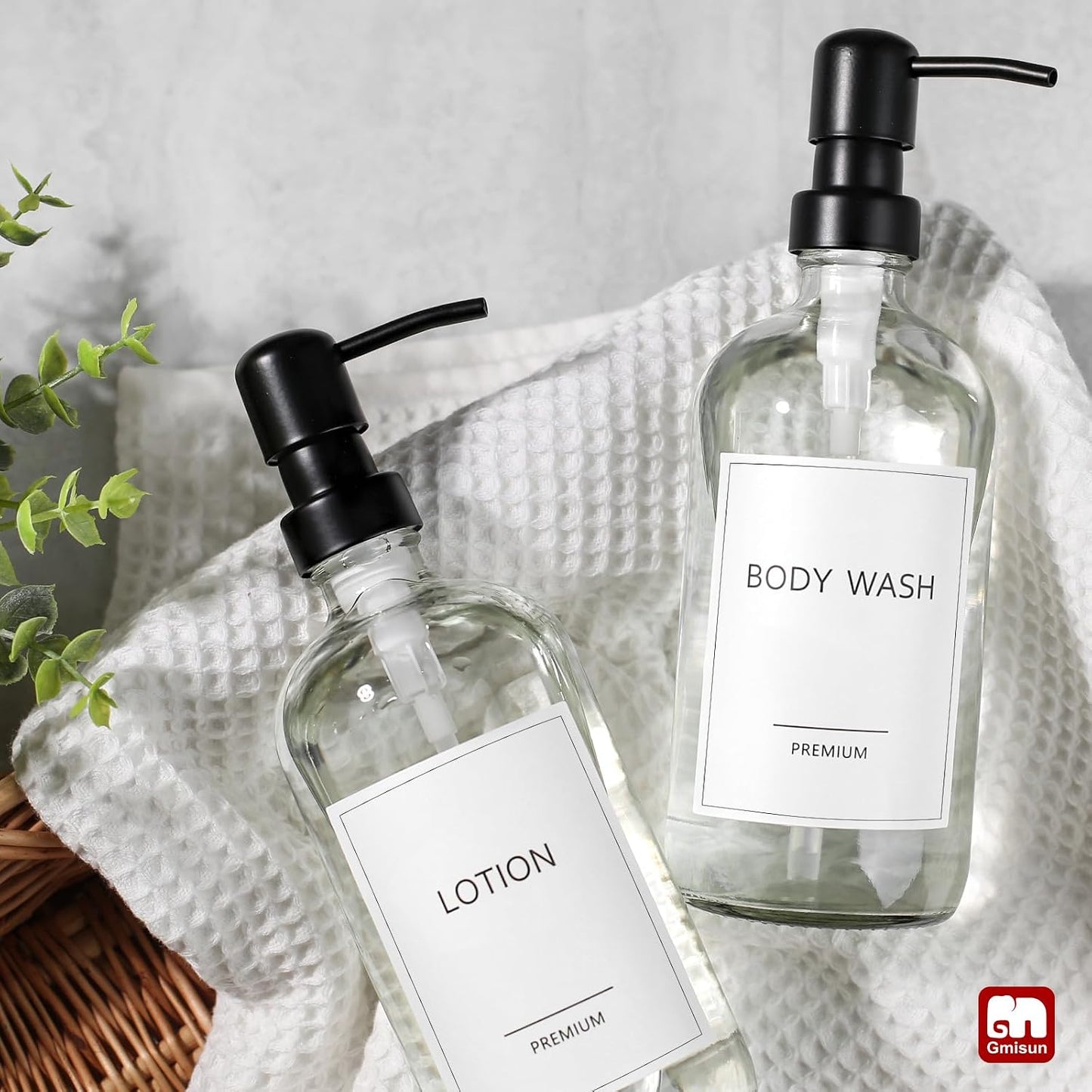 GMISUN Glass Soap Dispenser with Pump, 2 Pack Clear Bathroom Hand Soap Dispenser with Stainless Steel Pump, 17 Fl Oz