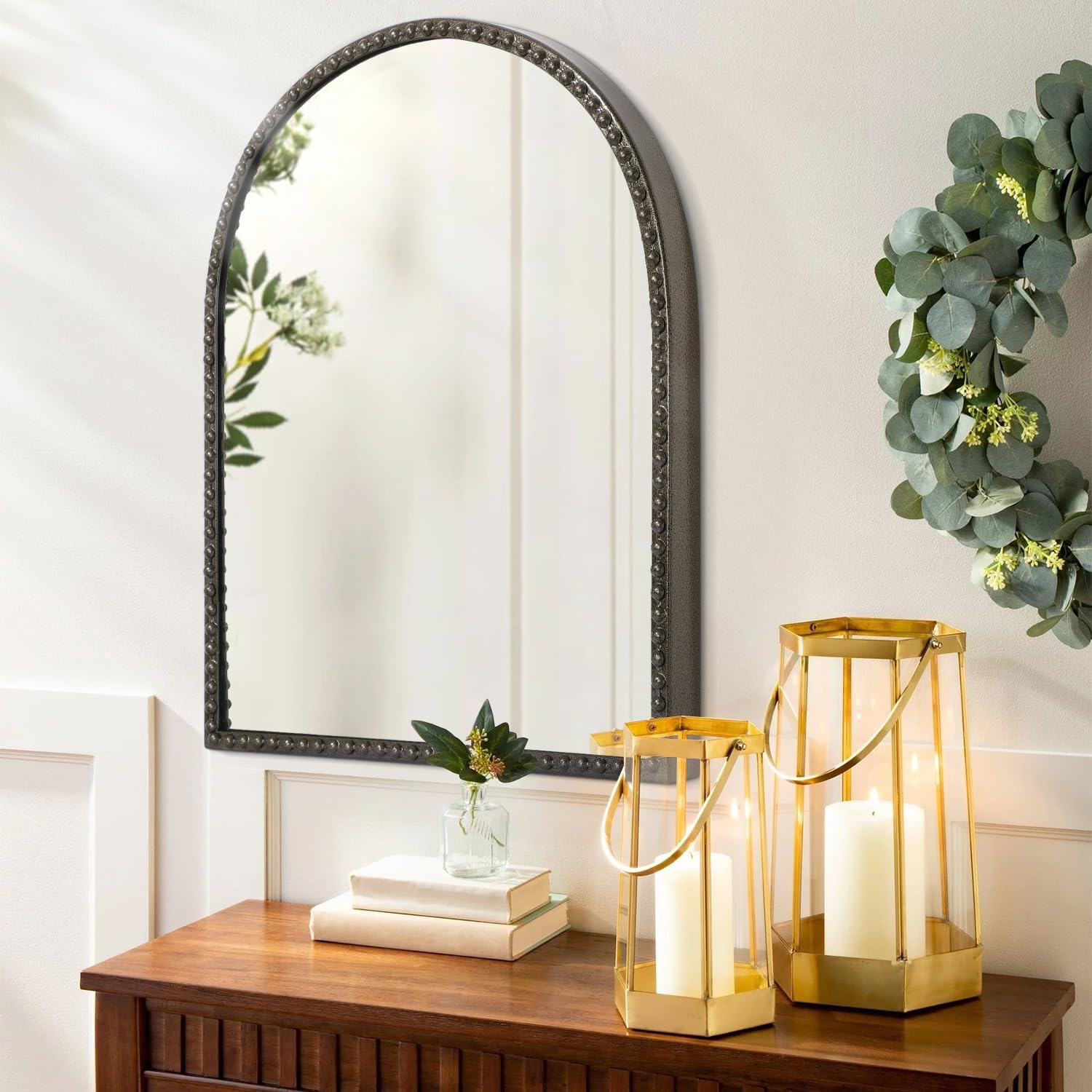Metal Beaded Frame Decor Mirror for Vanity Accent / 30"L x 20"W / Brass / 30 x 20