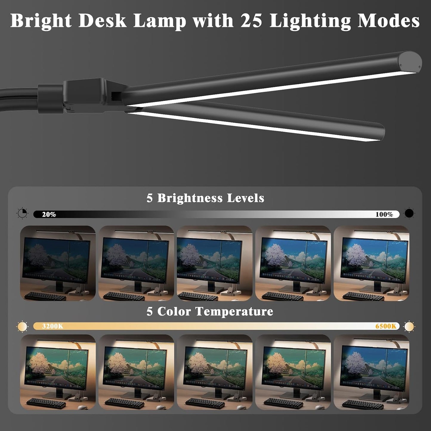 GAEFURY LED Desk Lamp for Home Office, 24W Bright Desk Lamp with Phone Holder Base - 25 Lighting Modes Eye-Caring Desk