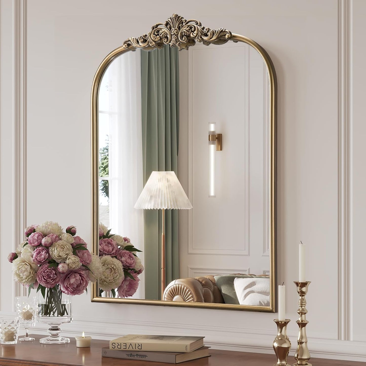 Vintage Vanity Mirror for Fireplace Mantel / Antique Gold / 32"L x 24"W / 24 x 32