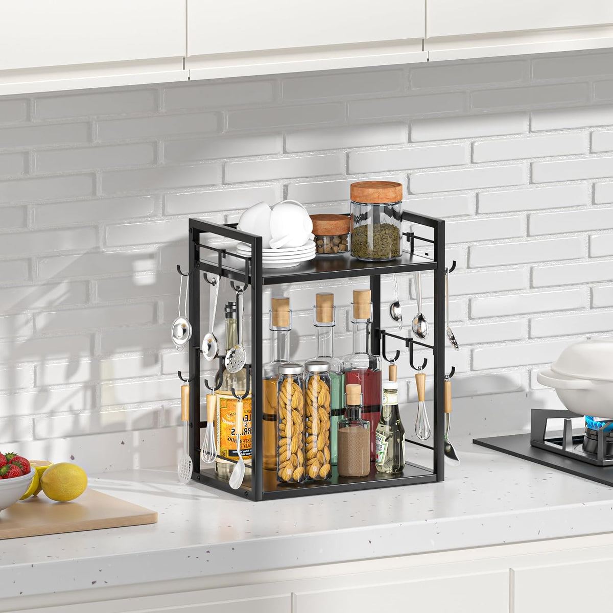 Dorhors Coffee Bar Organizer,Mug Holder,Station Organizer Kitchen Counter | 2 Tier Black Wood Coffee Bar Accessories
