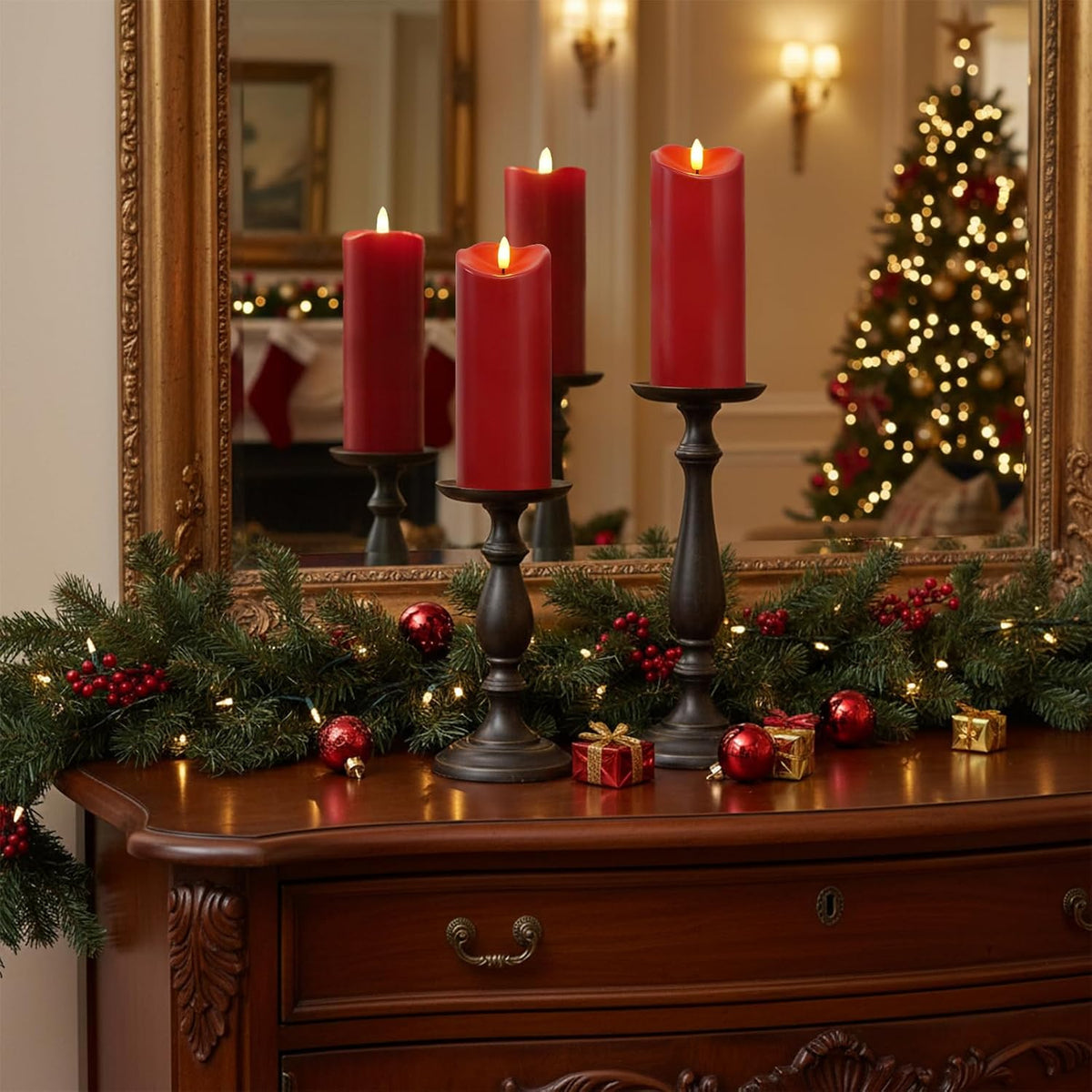 Homemory Burgundy Flameless Candles, Waterproof Flickering Candles, Outdoor Battery Operated LED Pillar Candles with