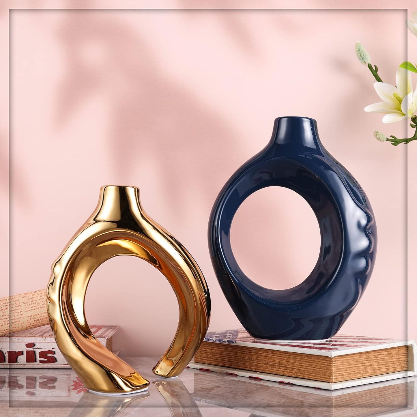 Navy Blue Home Decor Ceramic Vase / Blue Gold / Set of 2