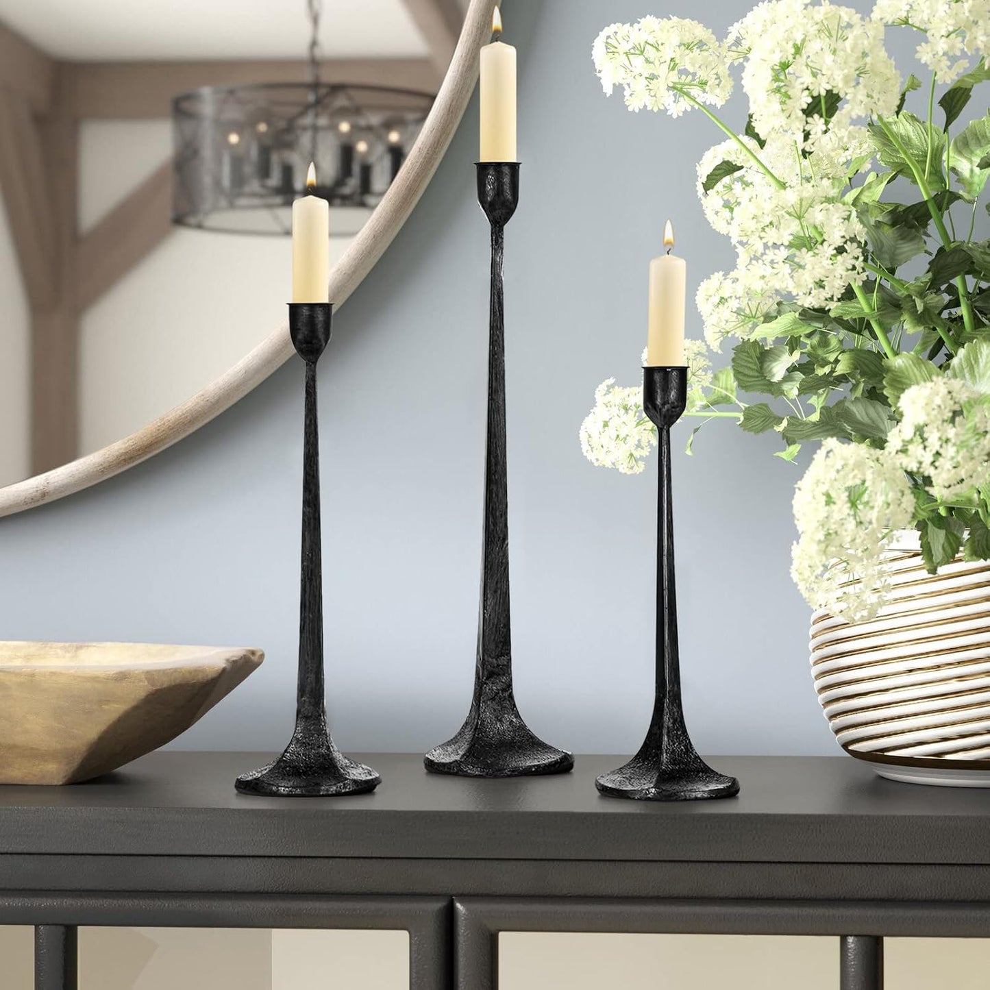 Iron Taper Candle Holder Set of 3 - Decorative Tall Candle Stand | Candlestick Holder for Wedding, Dining Table, Party