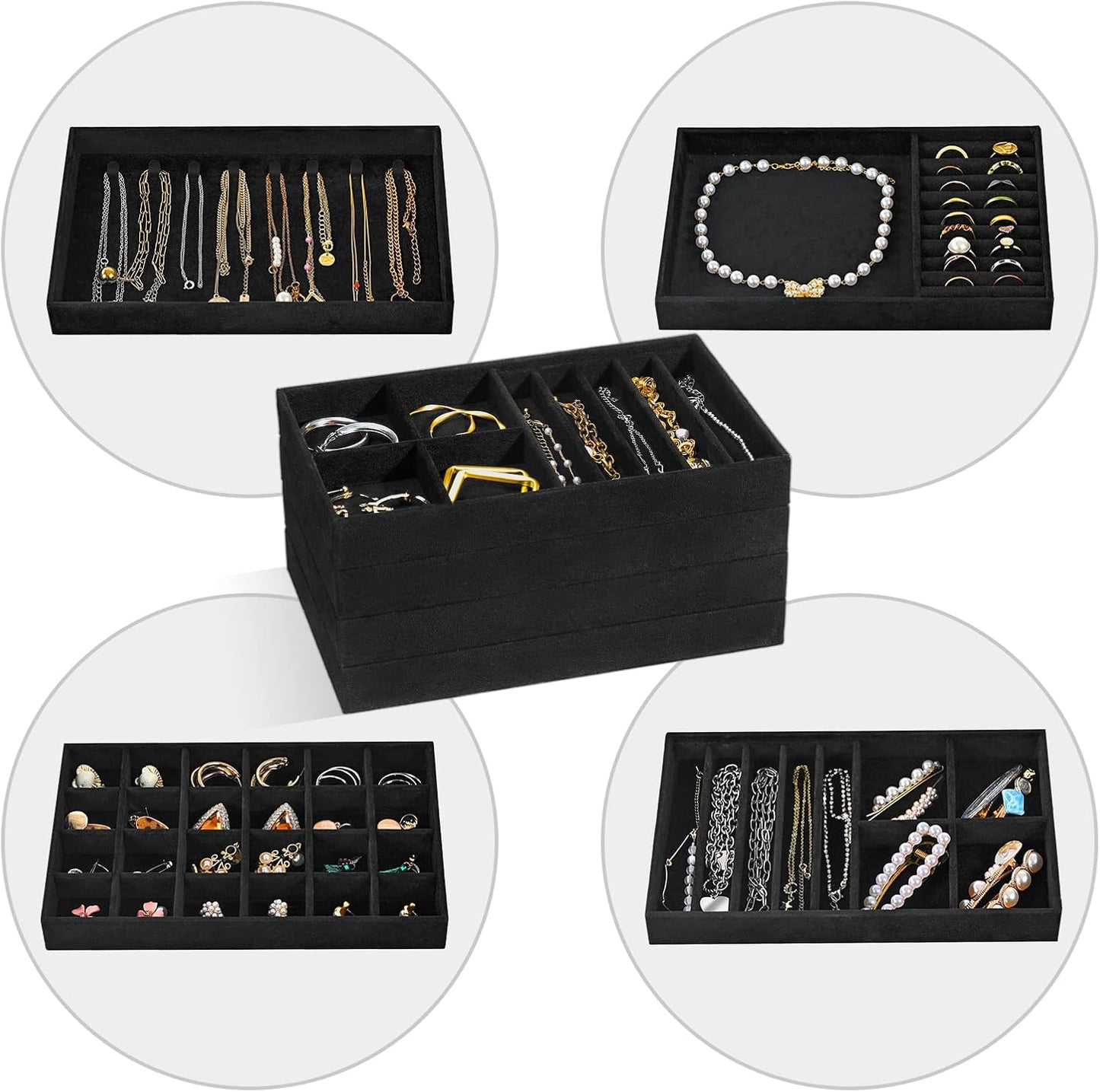 Stackable Jewelry Organizer Trays for Drawers / 4 Layers / Allblack
