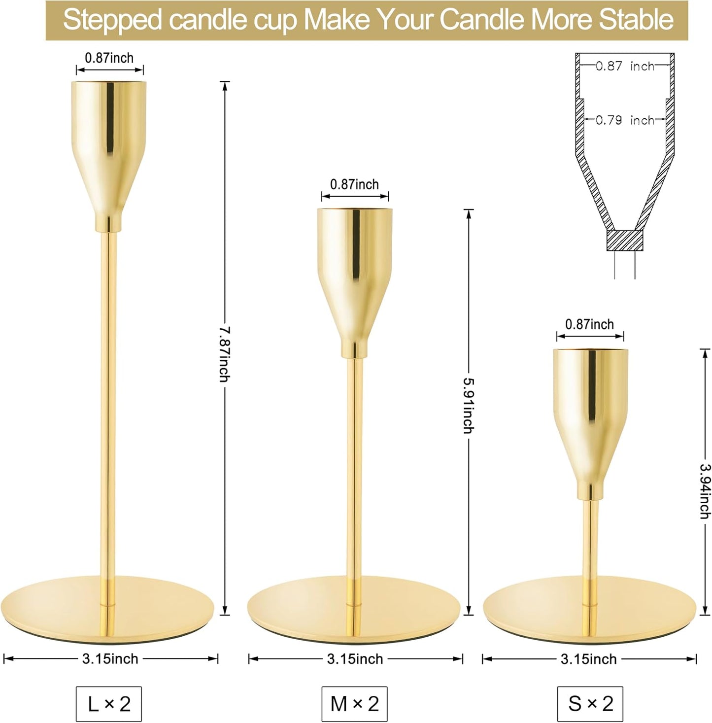 Gold Candlestick Holders, Metal Taper Candle Holders, Set of 6 | Elegant gold candle stands, 3 heights, for wedding
