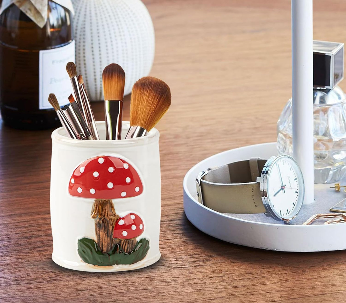 Mushroom Makeup Brush Holder Ceramic Makeup Brush Organizer Make Up Brush Holder Organizer / White
