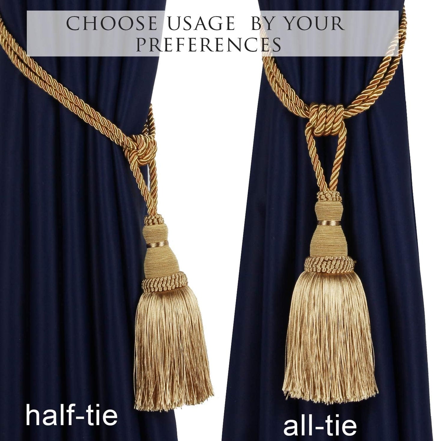 BEL AVENIR 4 Pack Curtain Tiebacks Tassel Drapery Tie-Backs Rope Holdbacks | Handmade, Home Office Hotel Decorative