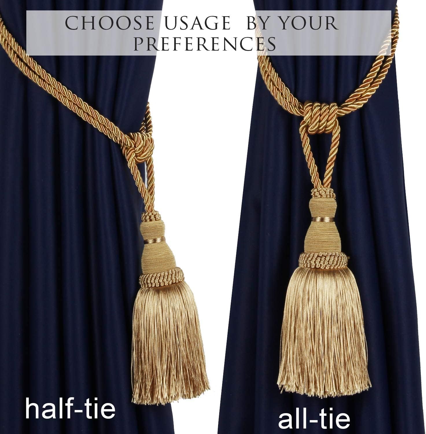 BEL AVENIR 4 Pack Curtain Tiebacks Tassel Drapery Tie-Backs Rope Holdbacks | Handmade, Home Office Hotel Decorative