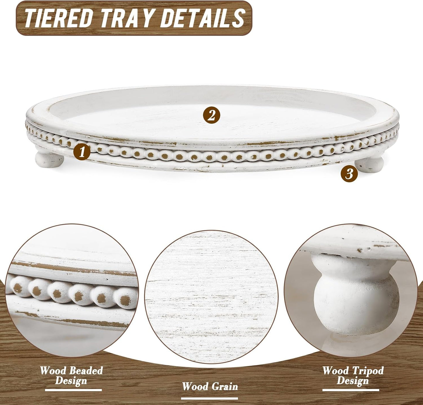 White Washed Round Wooden Tray for Coffee / Weathered White / 12 Inch