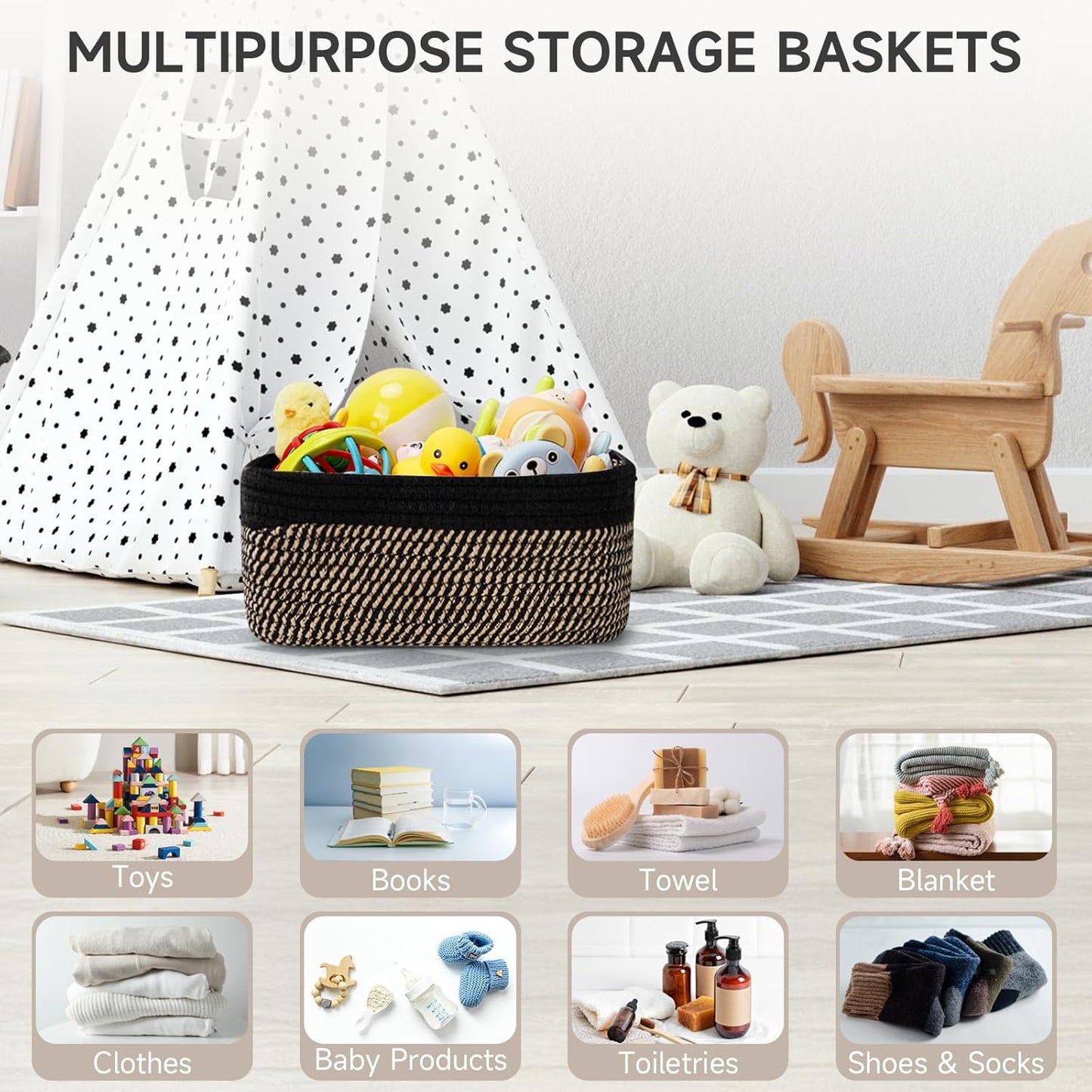 Small Woven Baskets / 11.8"lx7.8"wx5.1"h / Black+brown / Set of 3