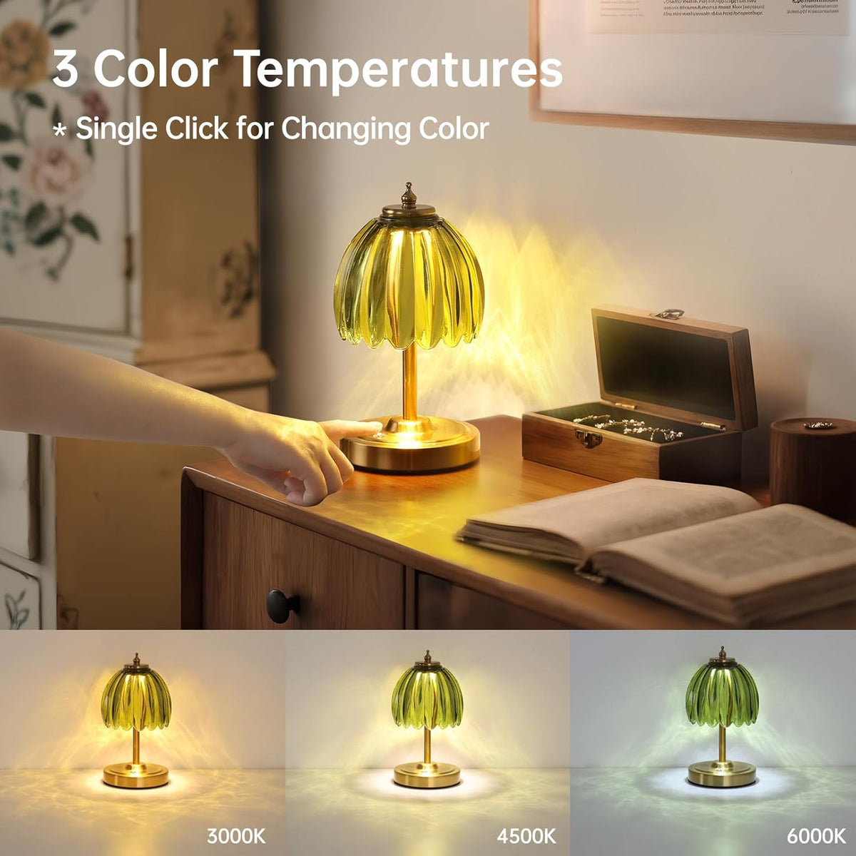 Shenmoyl Set of 2 Tulip Table Lamp with 5200mAh Battery & Touch Control, Cordless Small Table Lamp with 3 Colors