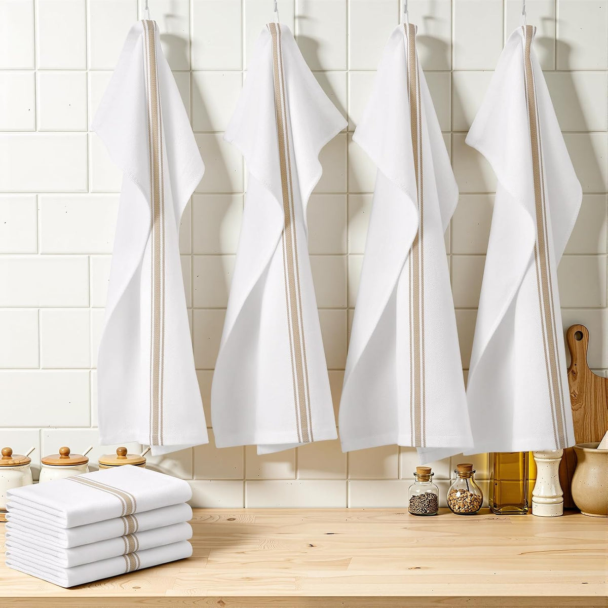 Homaxy 100% Ring Spun Cotton Kitchen Towels 24 Pack, Khaki Stripe | 15 x 25 Inch, Highly Absorbent Dish Towels for
