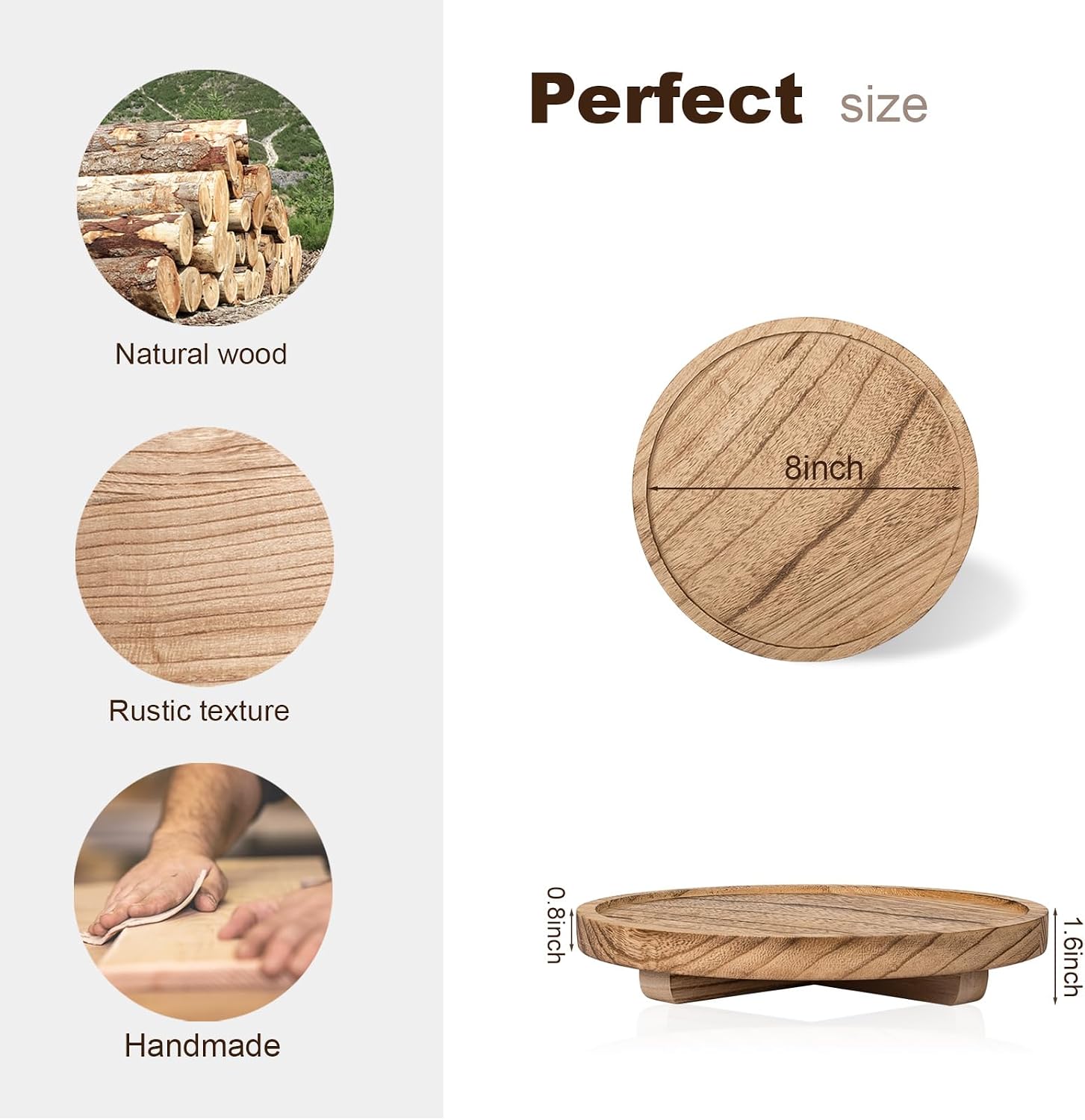 Round Decorative Tray Wood Bathroom Counter Organizer Farmhouse Kitchen Decor / Brown / Set of 8