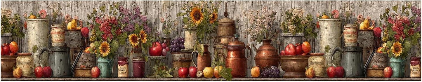 Wall Border Peel and Stick Rustic Fall Pumpkin Sunflower Mason Jar Wallpaper / Harvest Jar / 196 x 4