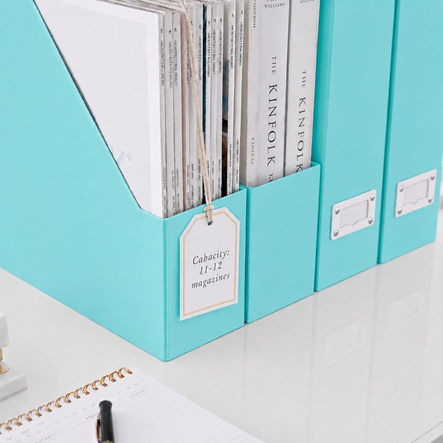 BLU MONACO Set of 6 Aqua Magazine File Holders | Foldable Magazine Storage Boxes with White Leather Label Holders