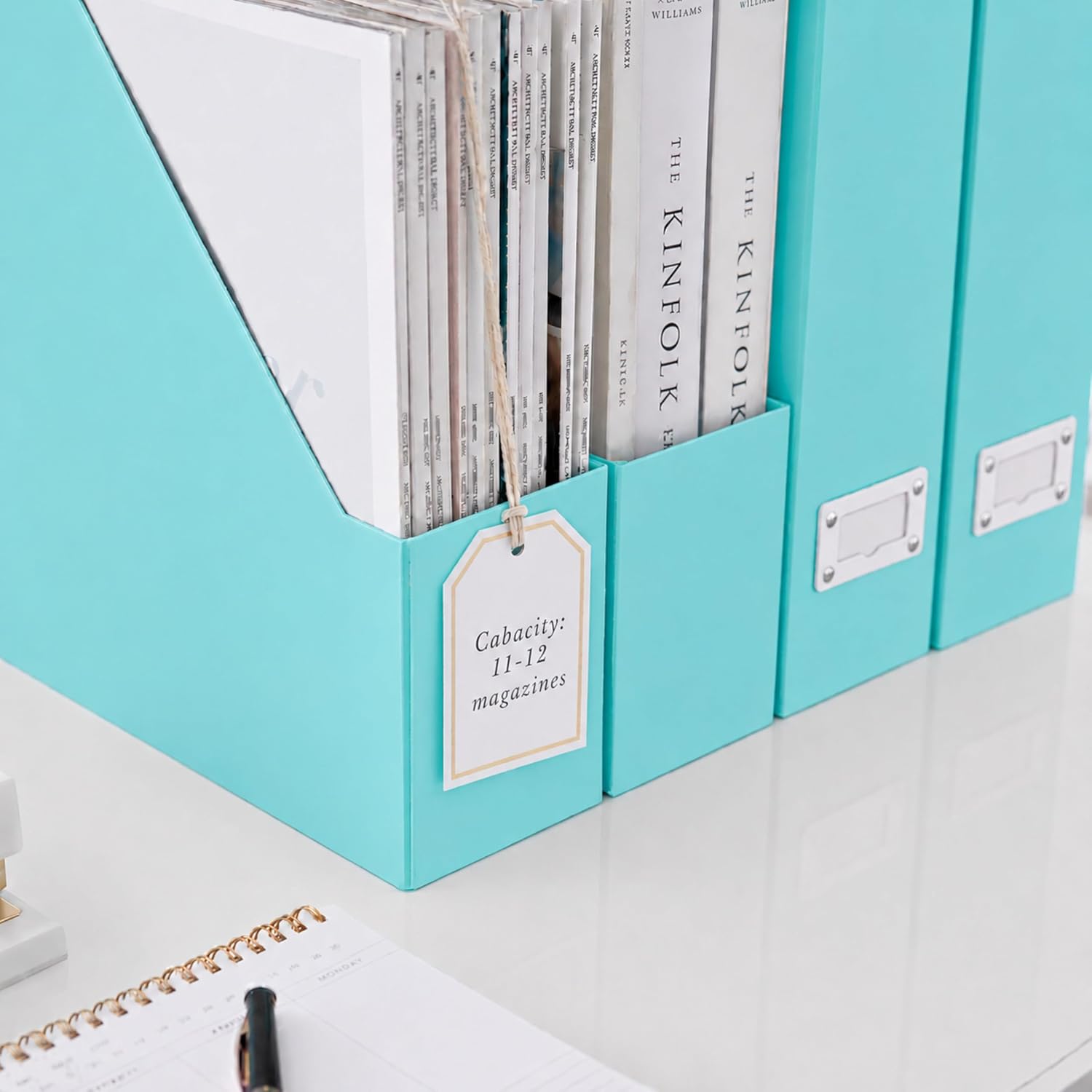 BLU MONACO Set of 6 Aqua Magazine File Holders | Foldable Magazine Storage Boxes with White Leather Label Holders