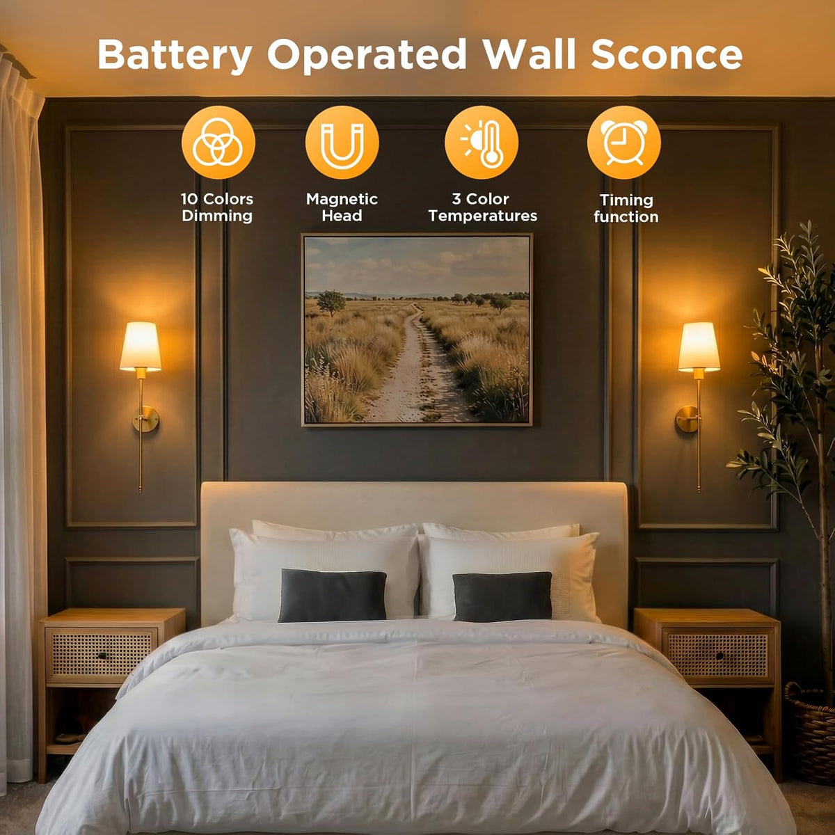 Brightown Battery Operated Wall Sconces Set of Two,Linen Sconces Wall Decor | RGBWW Rechargeable Wall Lights with