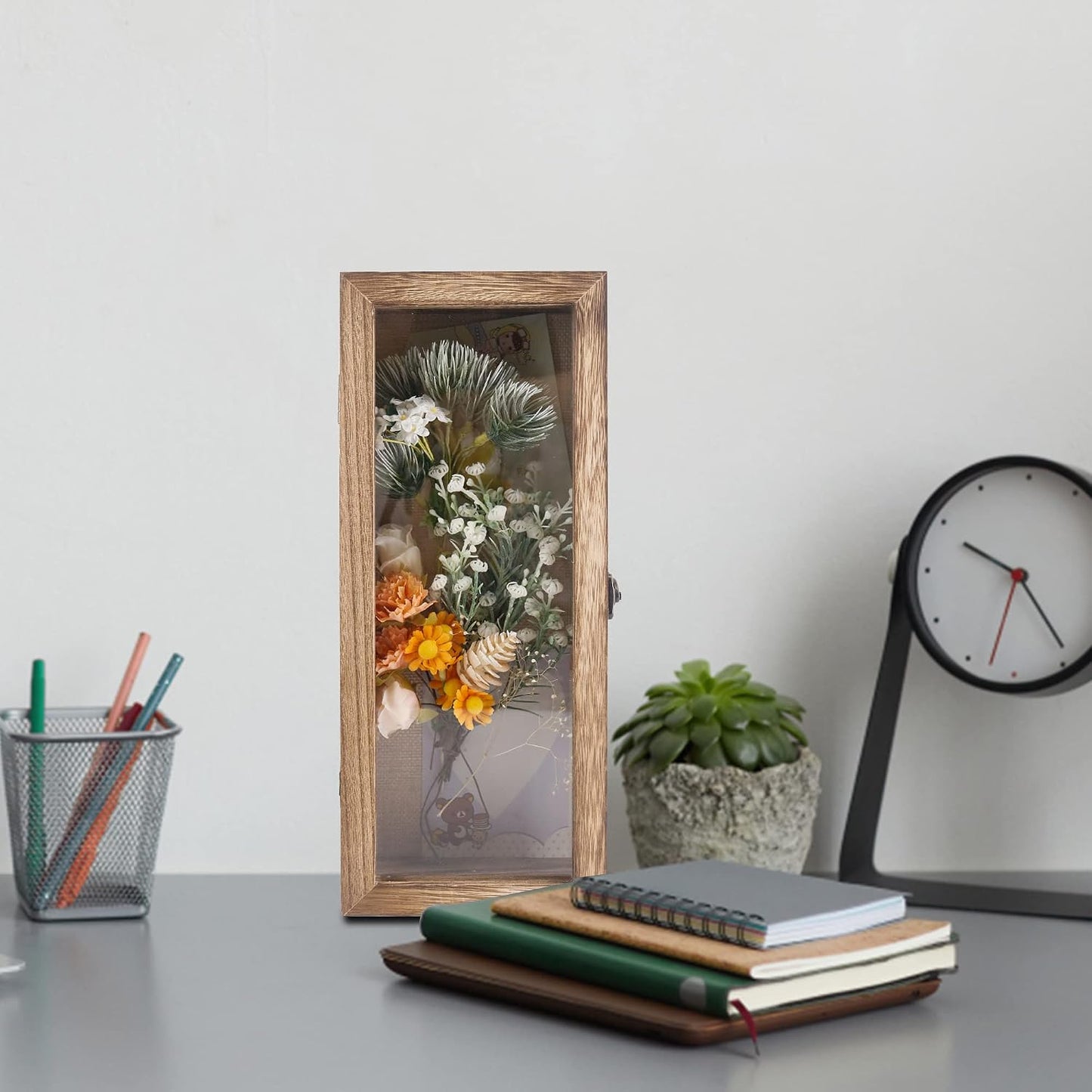 GraduationMall 5x12.5 Shadow Box Frame Solid Wood Glass Door Display Case with Linen Back and 6 Stick Pins,1.5 inches