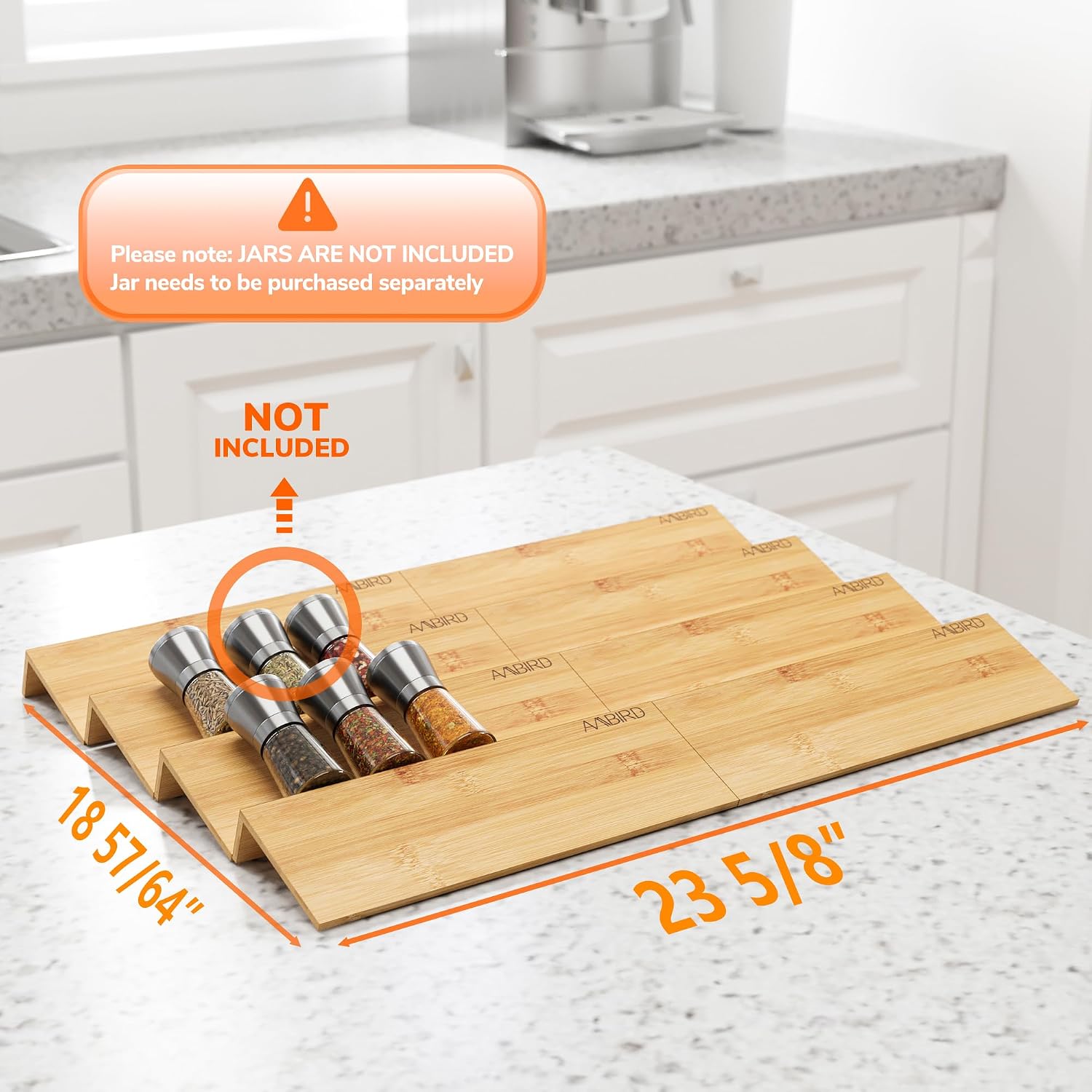 AMBIRD Bamboo Spice Drawer Organizer with Non-slip Mat,4 Tier - 2 Set Jar Spice Rack Tray From 12''to 24'',Hold up 48