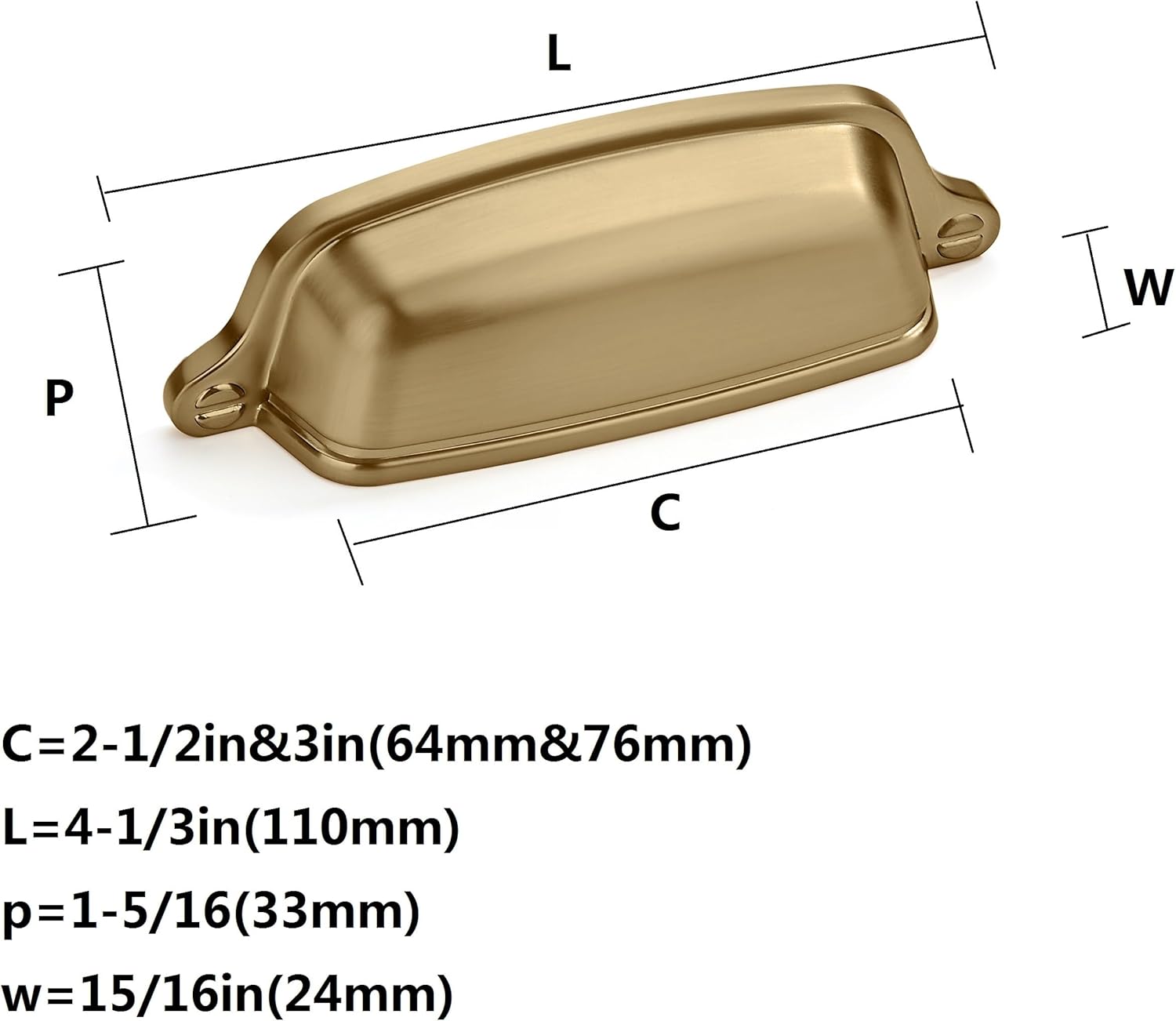 Easy to Install / Cup Pulls 3 Inch Hole Center / Brushed Brass / Gold / 3 Inch