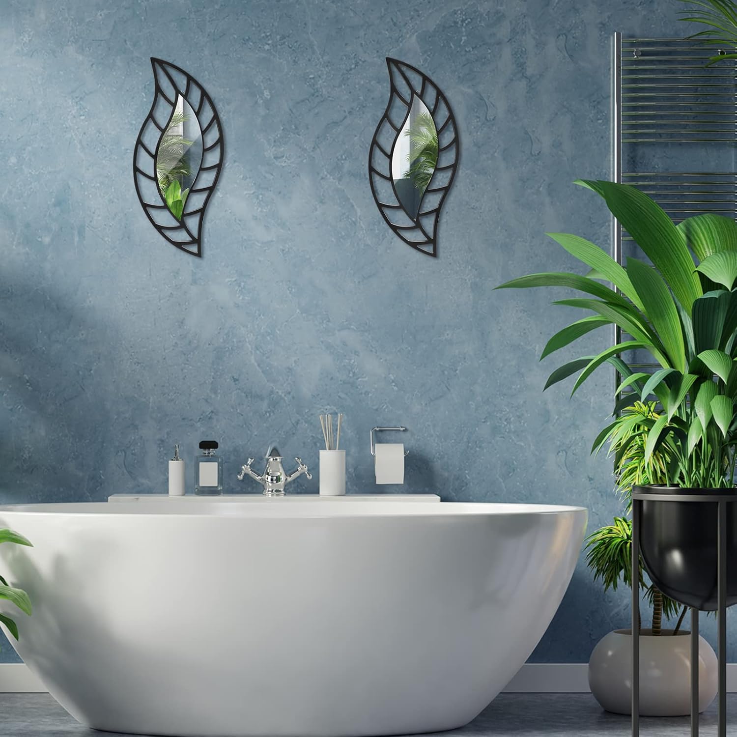 Decorative Mirror Wall Decor Leaf Teardrop Mirror Wall Mounted Decorations / Black / Set of 2