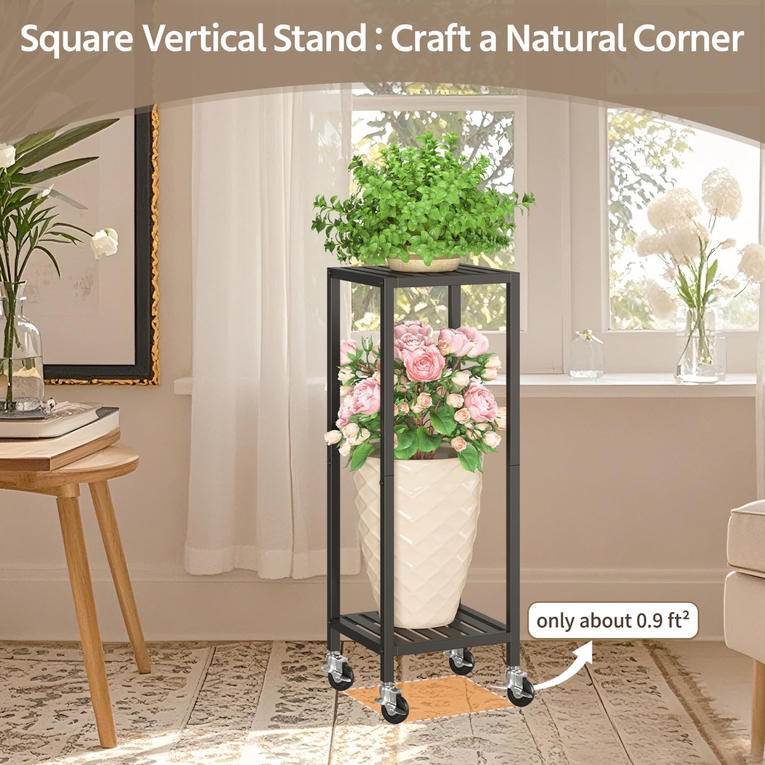 LASZOLA Plant Stand Shelf Indoor Outdoor Tall Corner, 2 Tier Metal Black | Iron Flower Holder with Wheels for Large