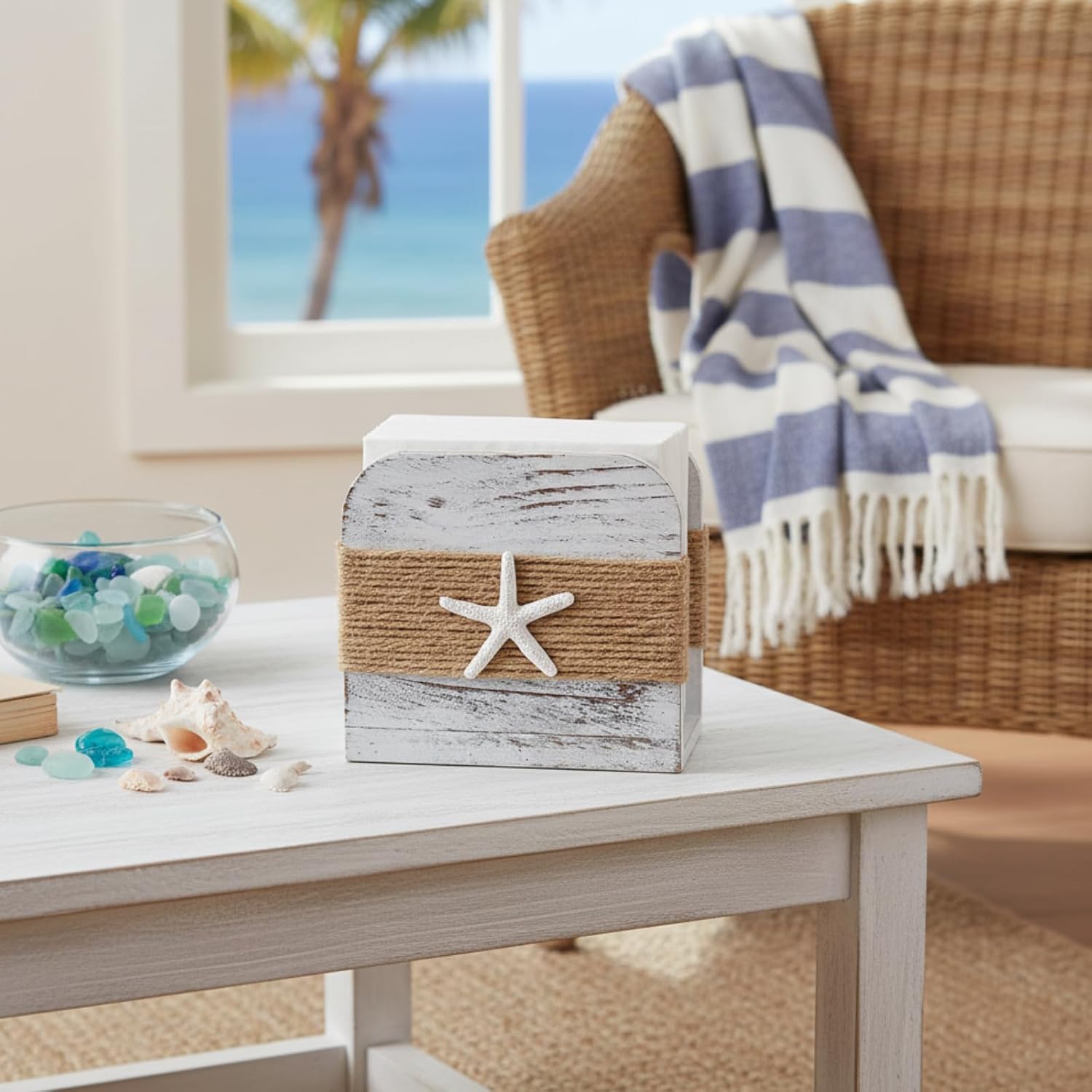 Natural Wooden Napkin Holder / Beach Style / White