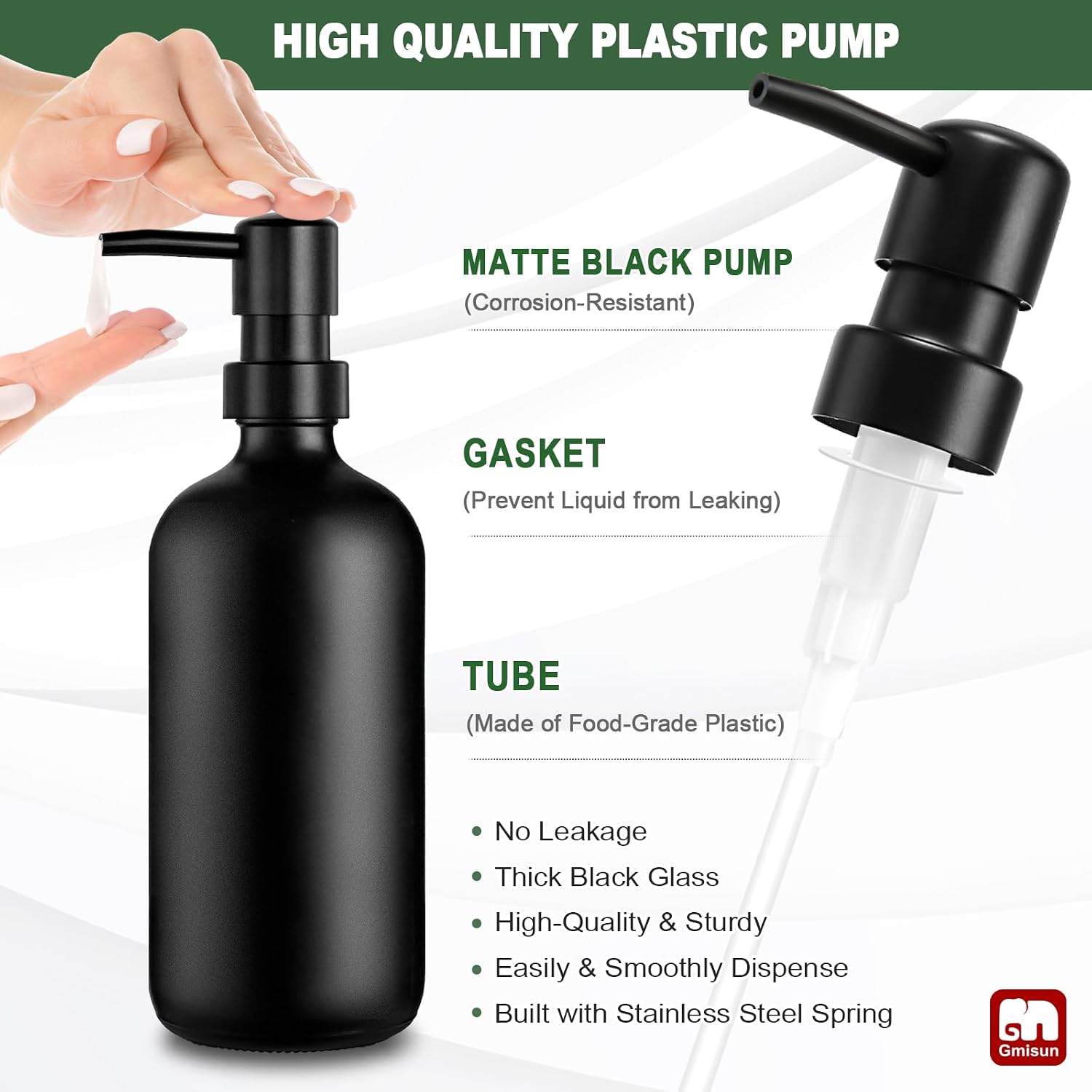 GMISUN Kitchen Soap Dispenser Set, 17 fl oz Dish Soap Dispenser with Ceramic Tray & Bamboo Brush for Kitchen, 2Pcs