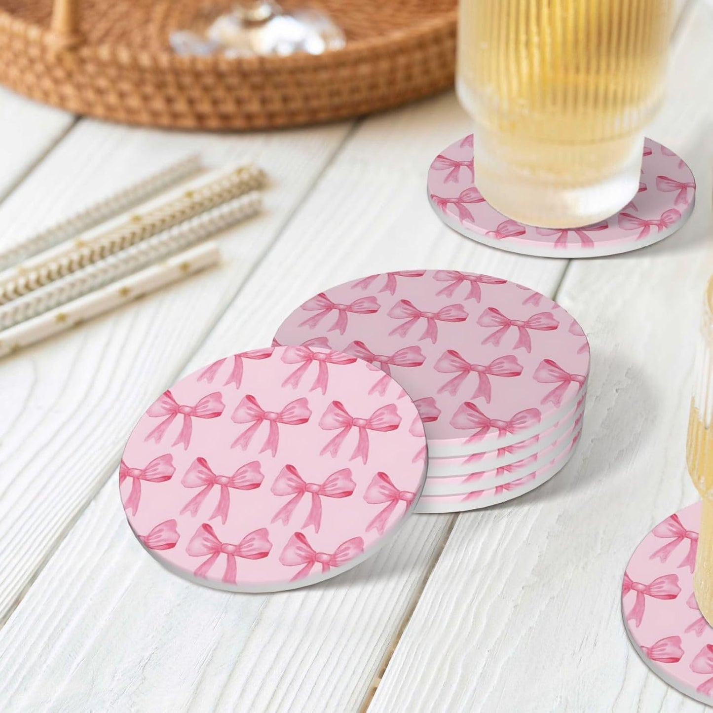 Ceramic Cork Base Coasters Set Decorative 4.1""- Pink Bow / Pink Bow 2 / Set of 4