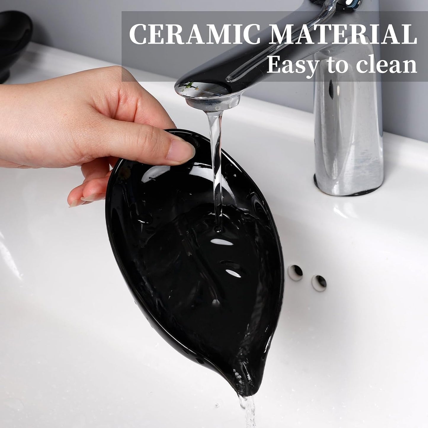 Leaf Shape Ceramic Bar Soap Holder Drain Soap Dishes / Black- -enhanced Draining / Set of 2