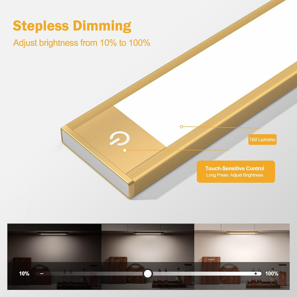 V4light Motion Sensor Cabinet Light, Rechargeable, Dimmable, 2Pcs, 9in | Gold aluminum, magnetic wireless, 1800mAh, 3