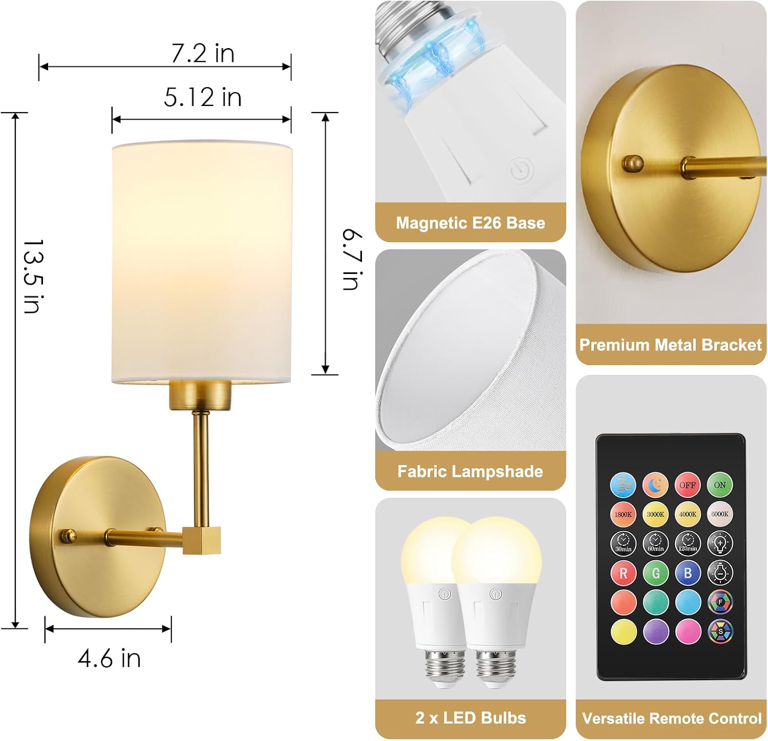 KARTOOSH Battery Operated Wall Sconce Set of Two, Dimmable 4CCT, RGB, Timer | Rechargeable Wireless Wall Decor Light