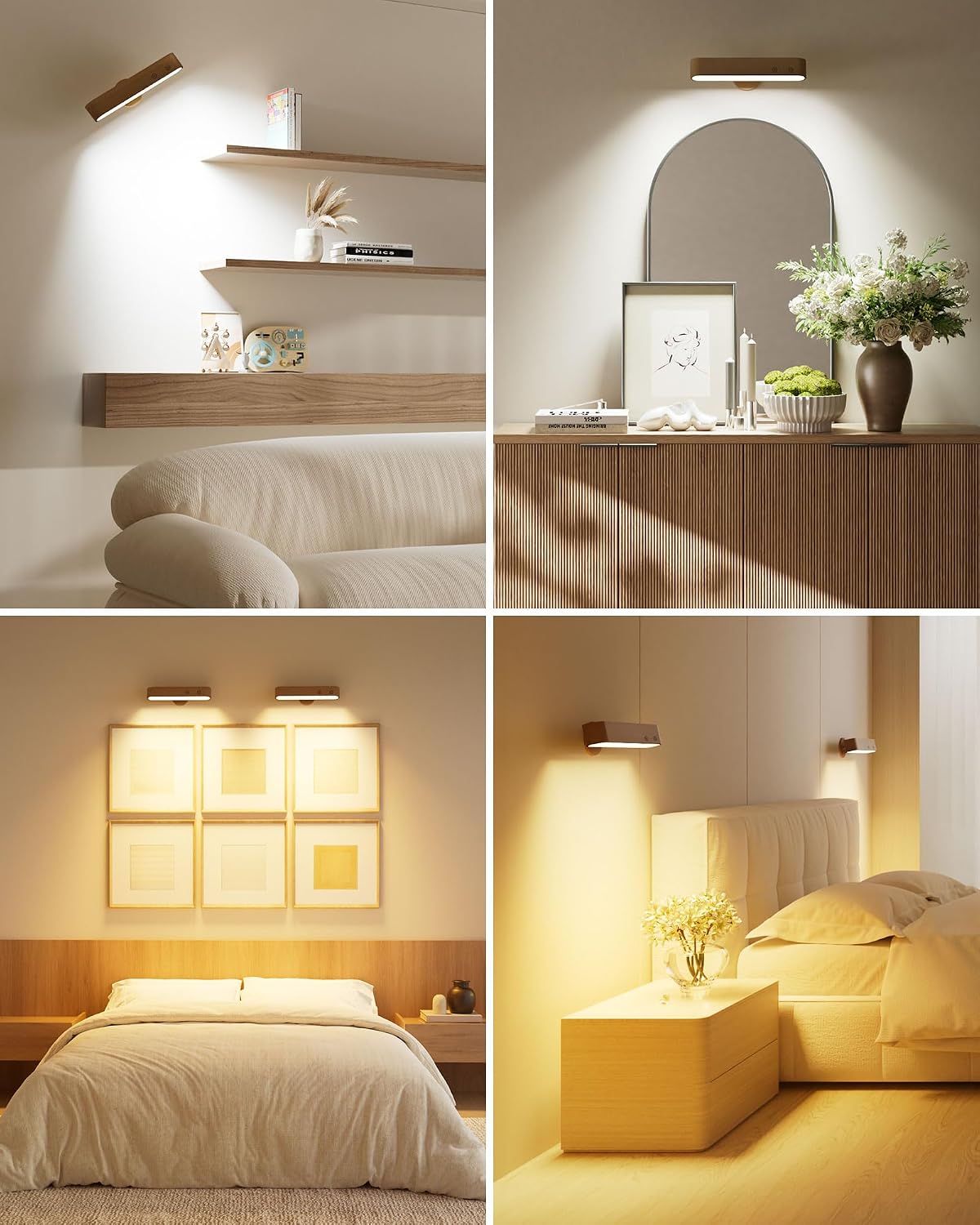 Rechargeable Wall Sconces Set of Two, Walnut Wood Battery Operated Wall Sconce, Magnetic Wall Lights for Bedroom with