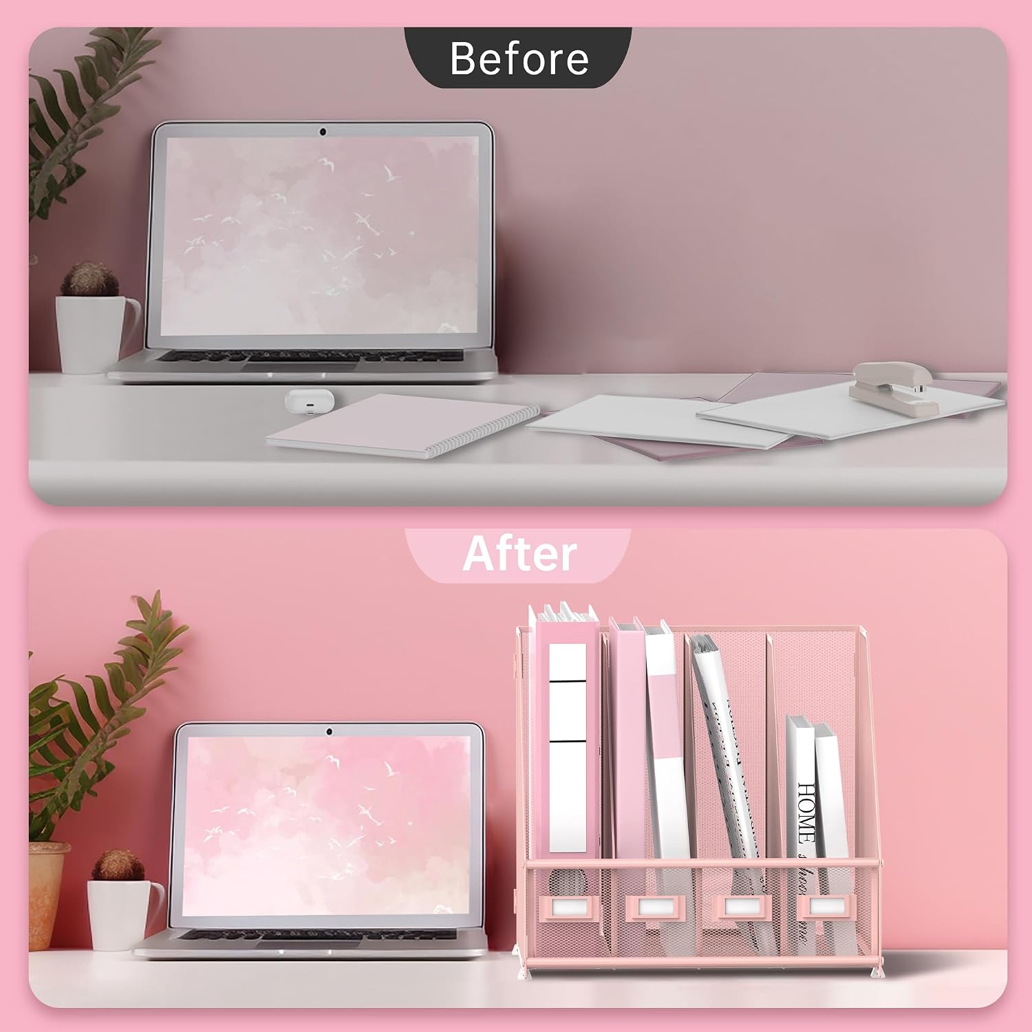 4-Compartment Magazine File Holder and File Organizer for Desk, Pink | Metal Magazine Holder and Magazine File Holder