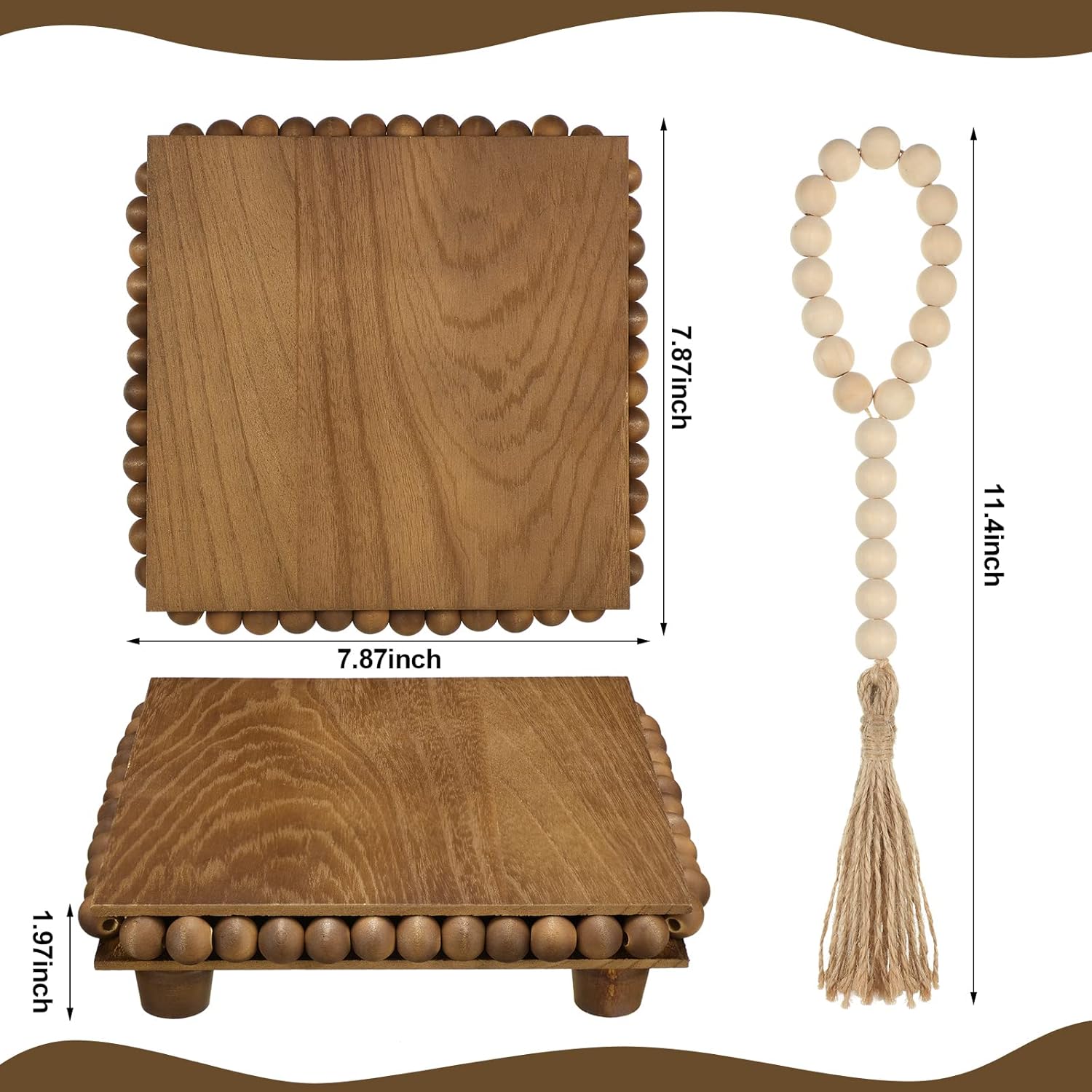 Wood Riser and Wood Bead Garland Set Wooden Trivets Farmhouse Beaded Riser for Display / Brown