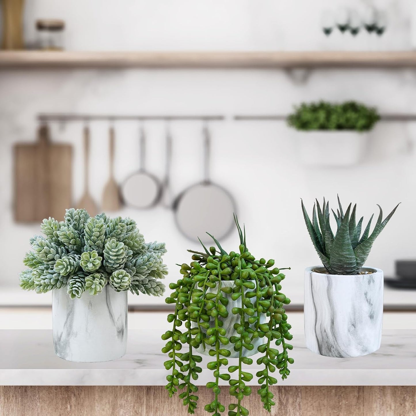 Small Artificial Succulent Potted Plants Fake Aloe Hops String of Pearls in Modern Marble / Set of 3
