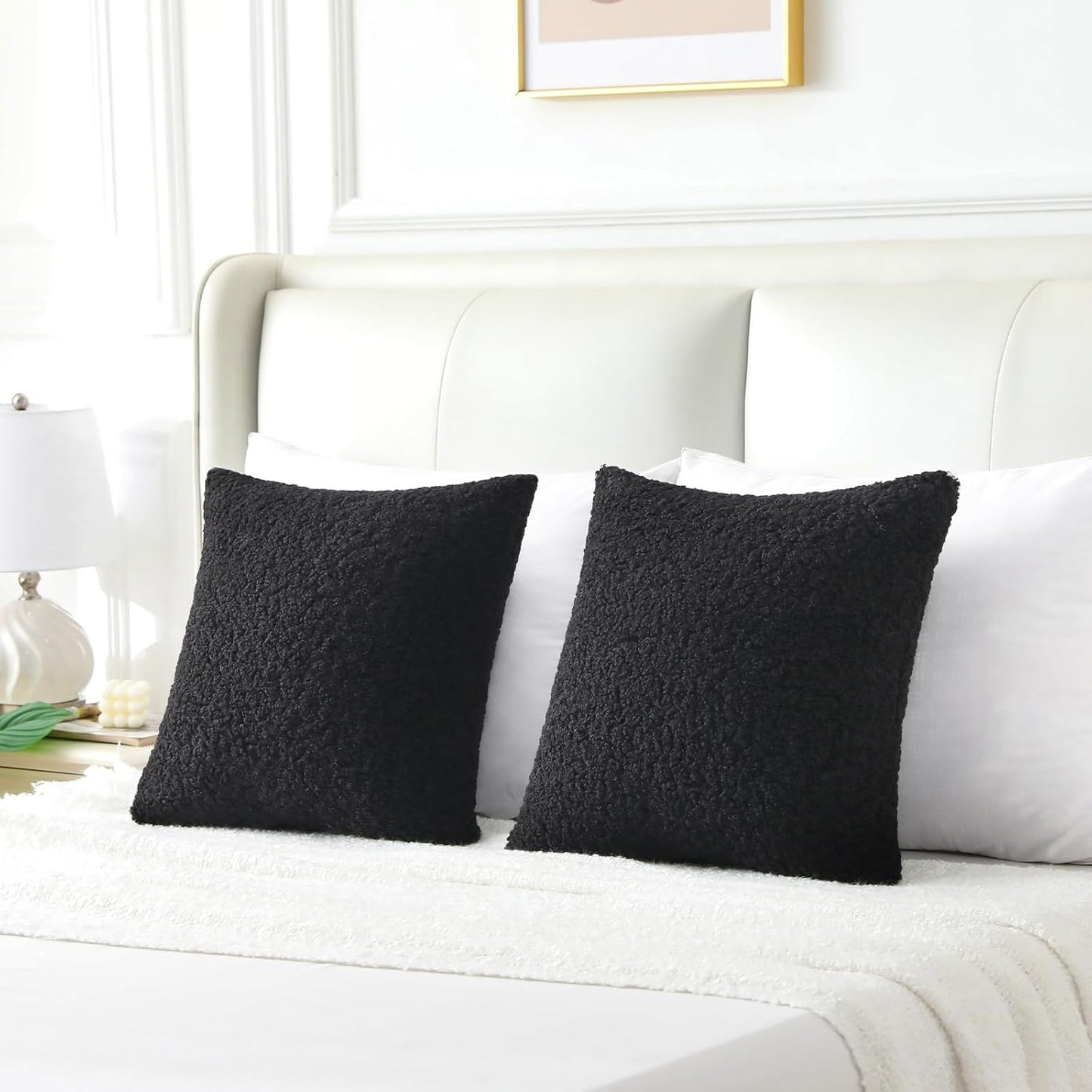 Furry Faux Fur Teddy Boucle Textured Cushion Covers / Black / 20 x 20 / Set of 2