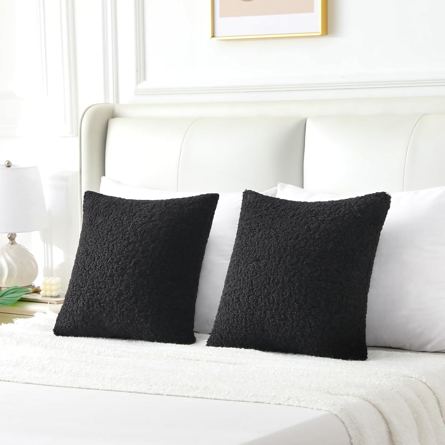Furry Faux Fur Teddy Boucle Textured Cushion Covers / Black / 20 x 20 / Set of 2
