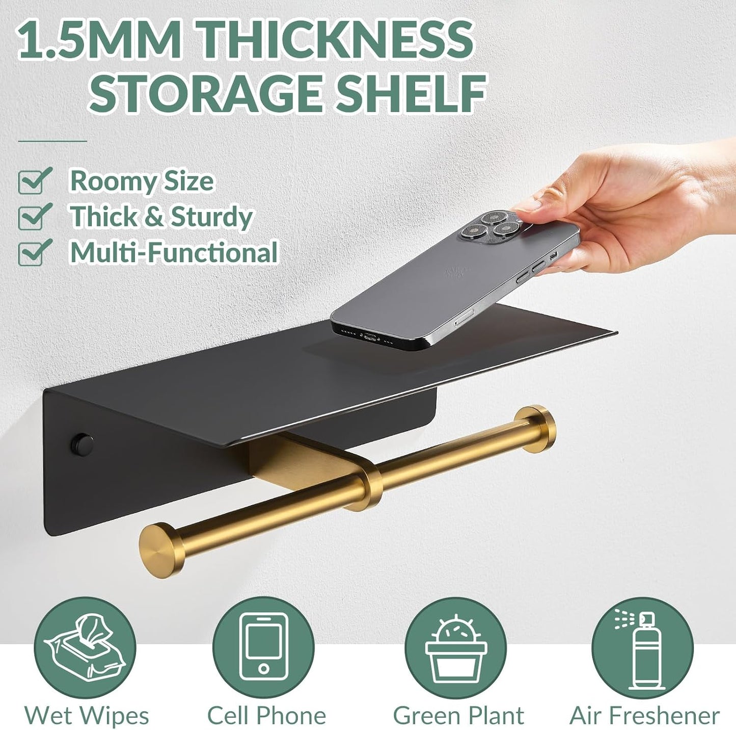 APLusee Double Toilet Paper Holder with Shelf, Black & Gold, Wall Mounted | 304 Stainless Steel, Rustproof for