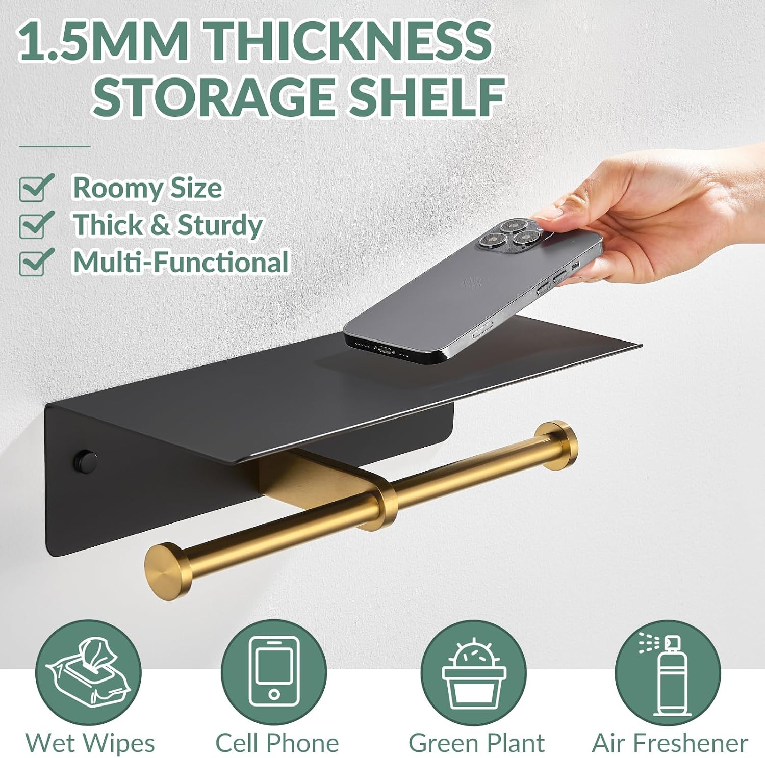 APLusee Double Toilet Paper Holder with Shelf, Black & Gold, Wall Mounted | 304 Stainless Steel, Rustproof for