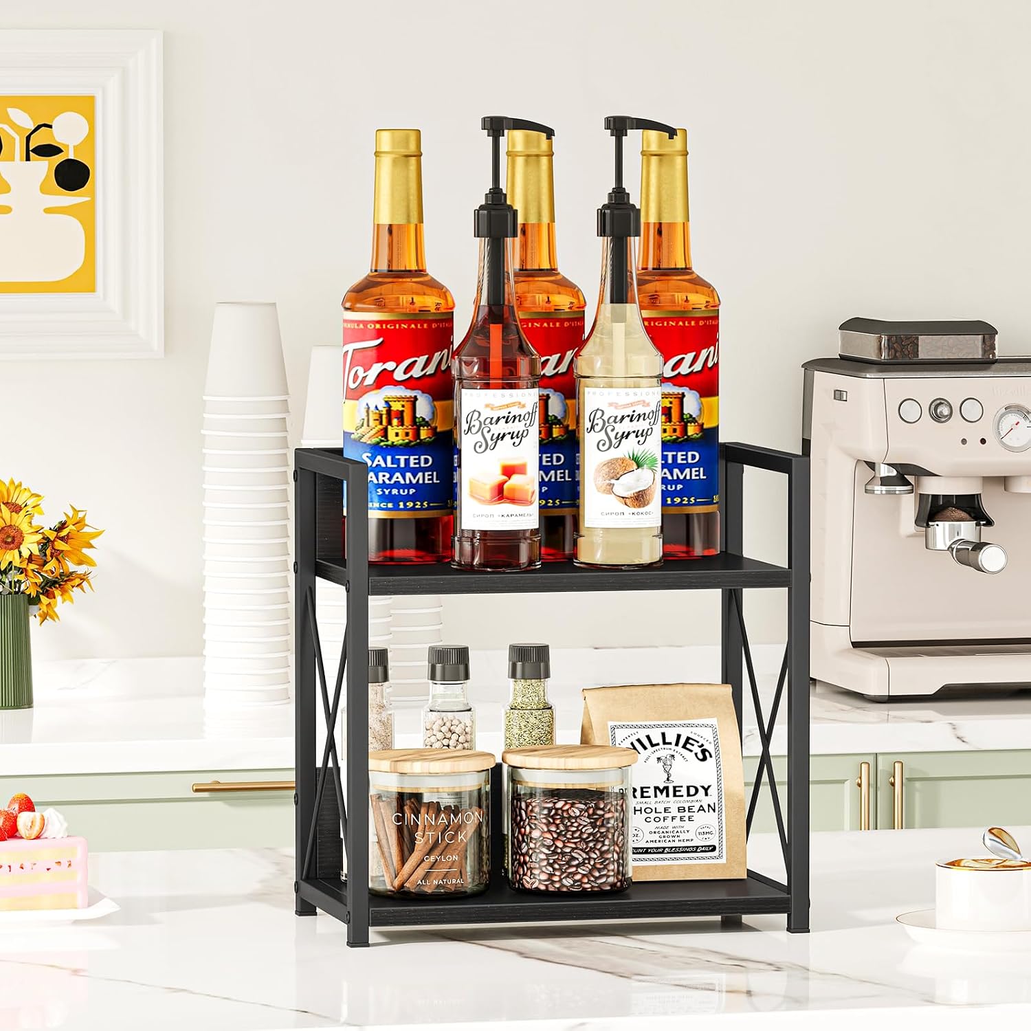 Giikin Countertop Organizer, 2 Tier Coffee Station Organizer for Desktop, Wood Counter Shelf Spice Rack for Kitchen