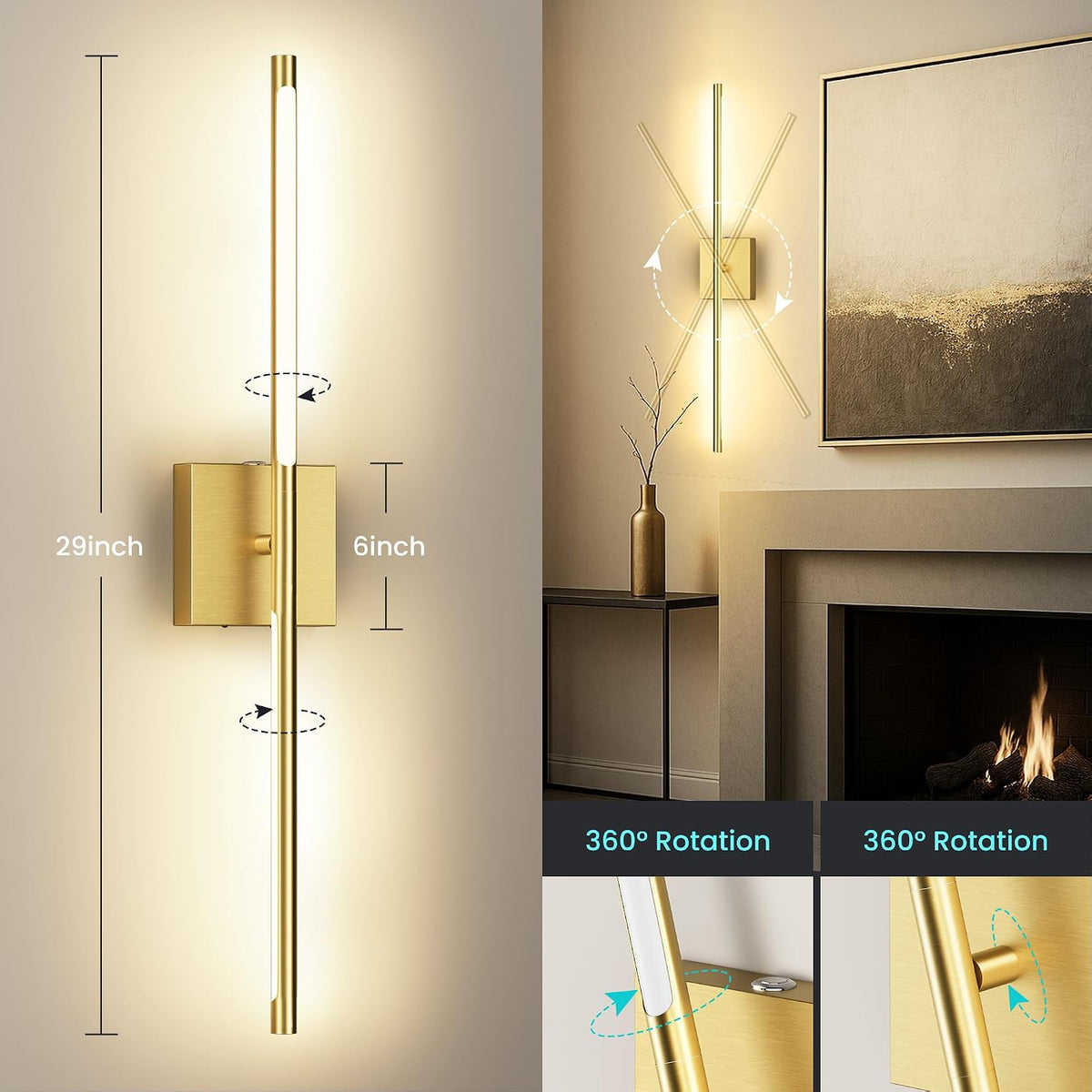 10000mAh Rechargeable Wall Lights, Gold, 29 Inch, 3CCT, 2 Pack | Battery Operated Wall Sconces Set of 2, Remote