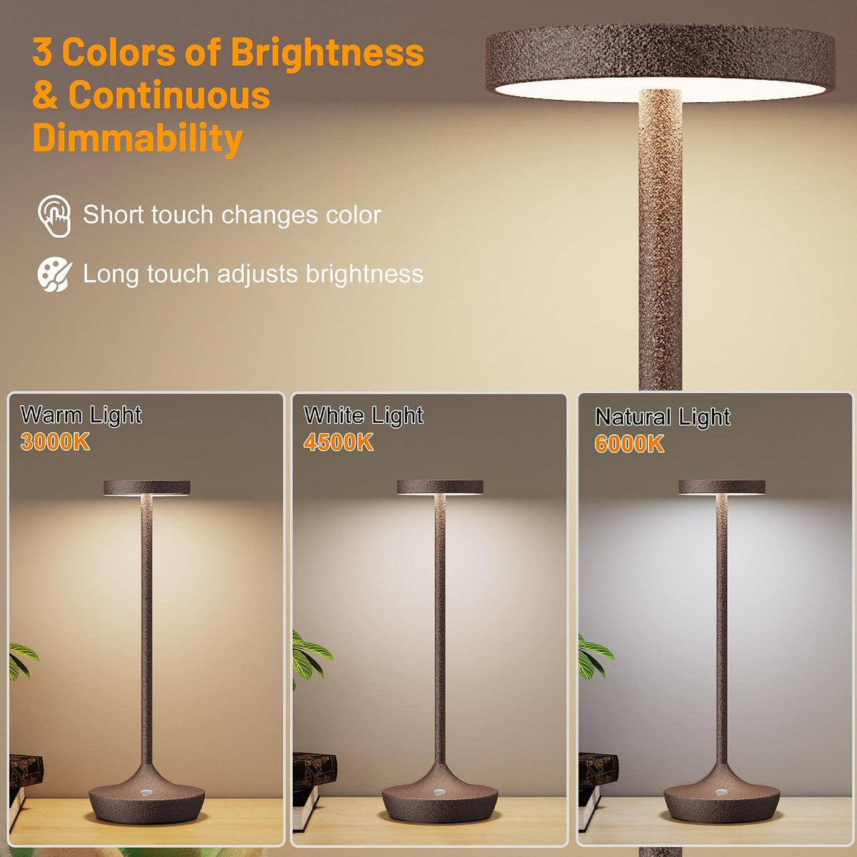 2 Pack Cordless Table Lamps, Rechargeable 6000mAh, 72H Runtime, Waterproof | Stepless Touch Dimming with 3 Color Modes