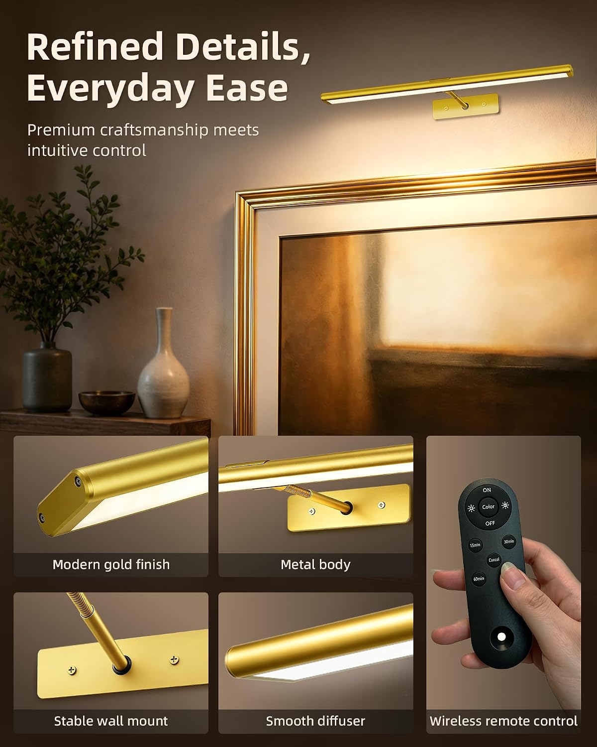 EZVALO Picture Light for Wall, 4800mAh Rechargeable Wireless Gold Light with IR Remote, Dimmable Magnetic LED Art