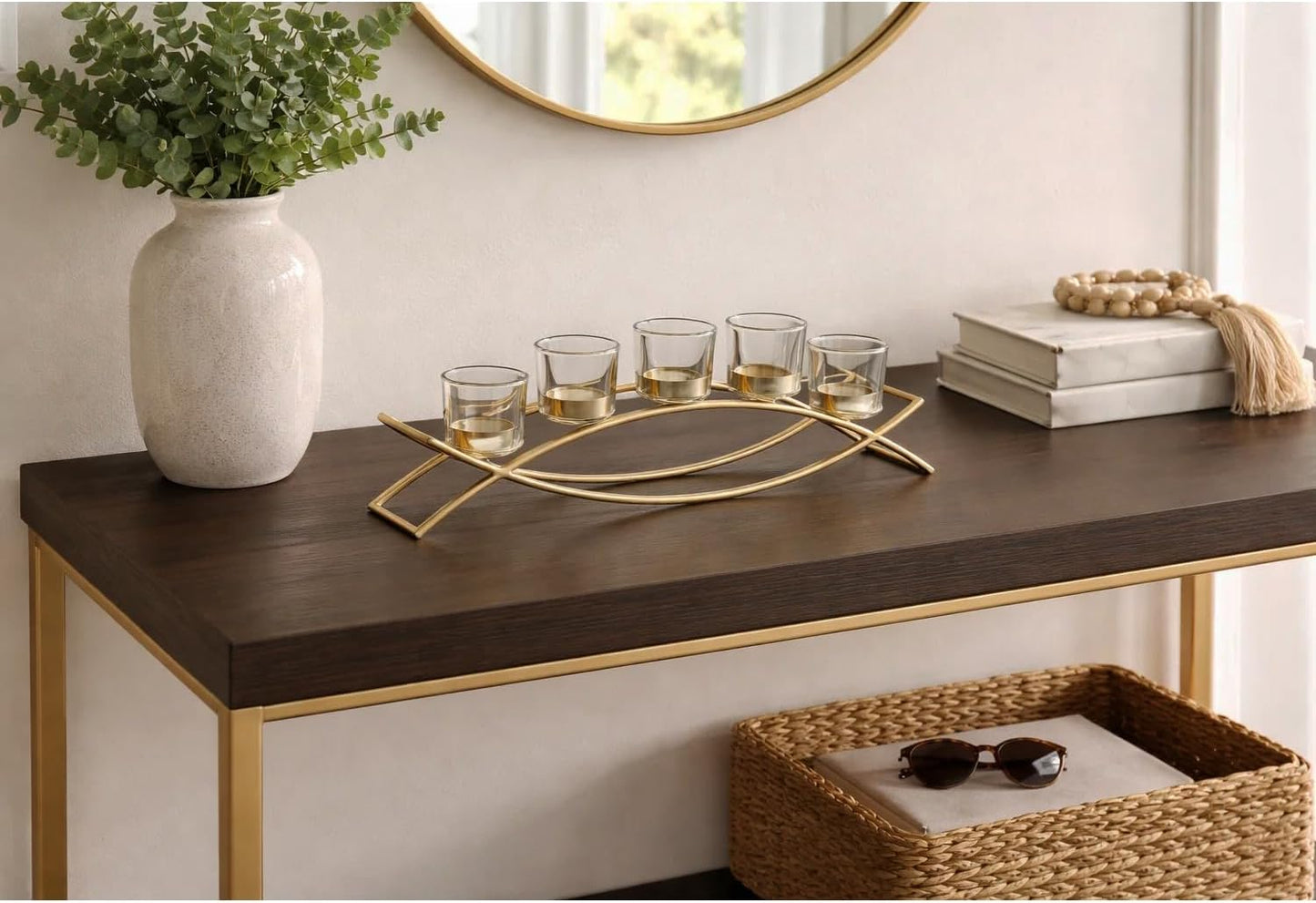 Centerpieces for Tables, Dining Room Candle Holder Decor, Gold | Votive Candle Holders, Wrought Iron 5 Cup Candelabra