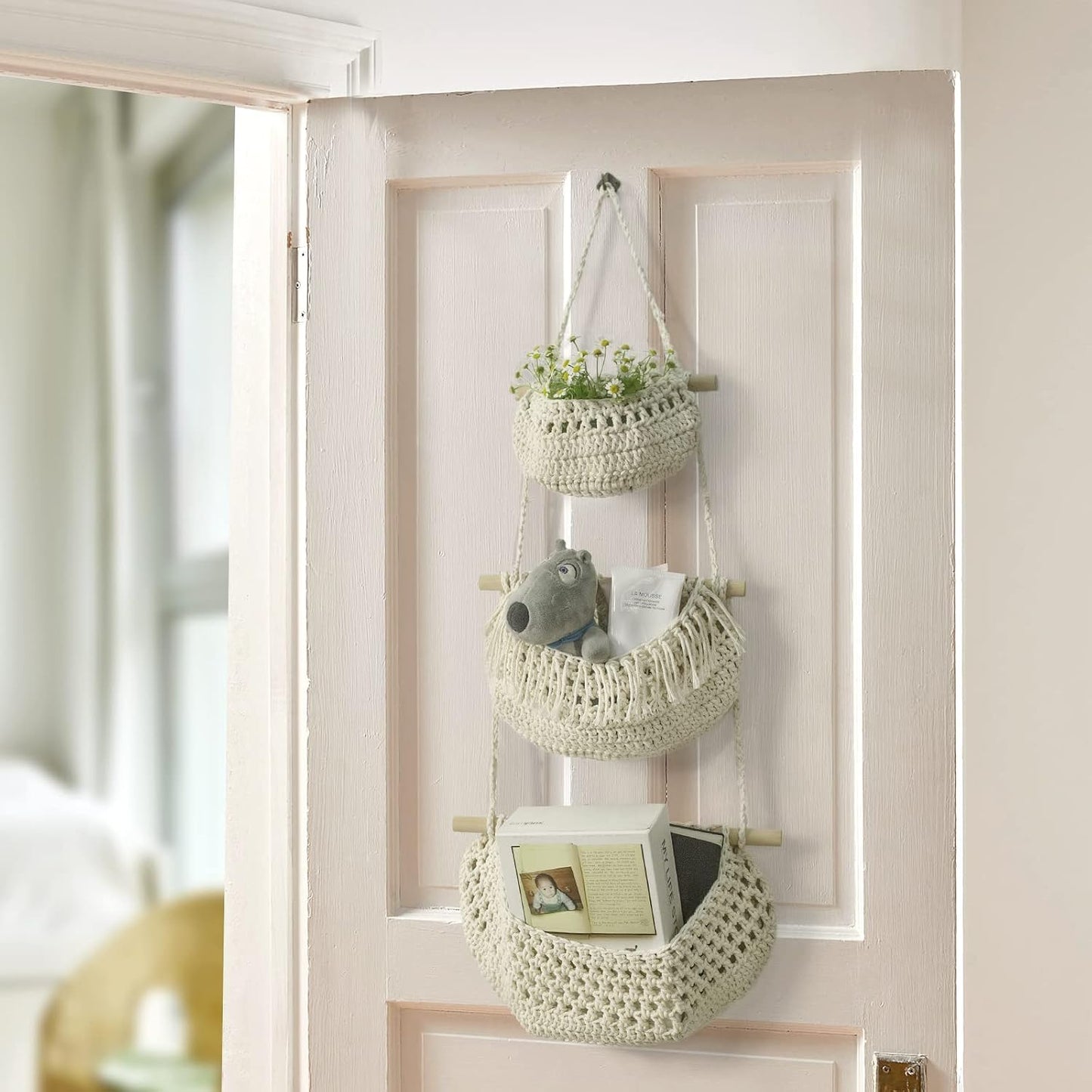 Handmade Woven Cotton Rope Wall Hanging Baskets for Organizing / White